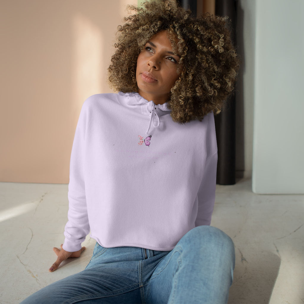 Women's Peach Floral Butterfly Spring Quote Cotton Blend Crop Hoodie