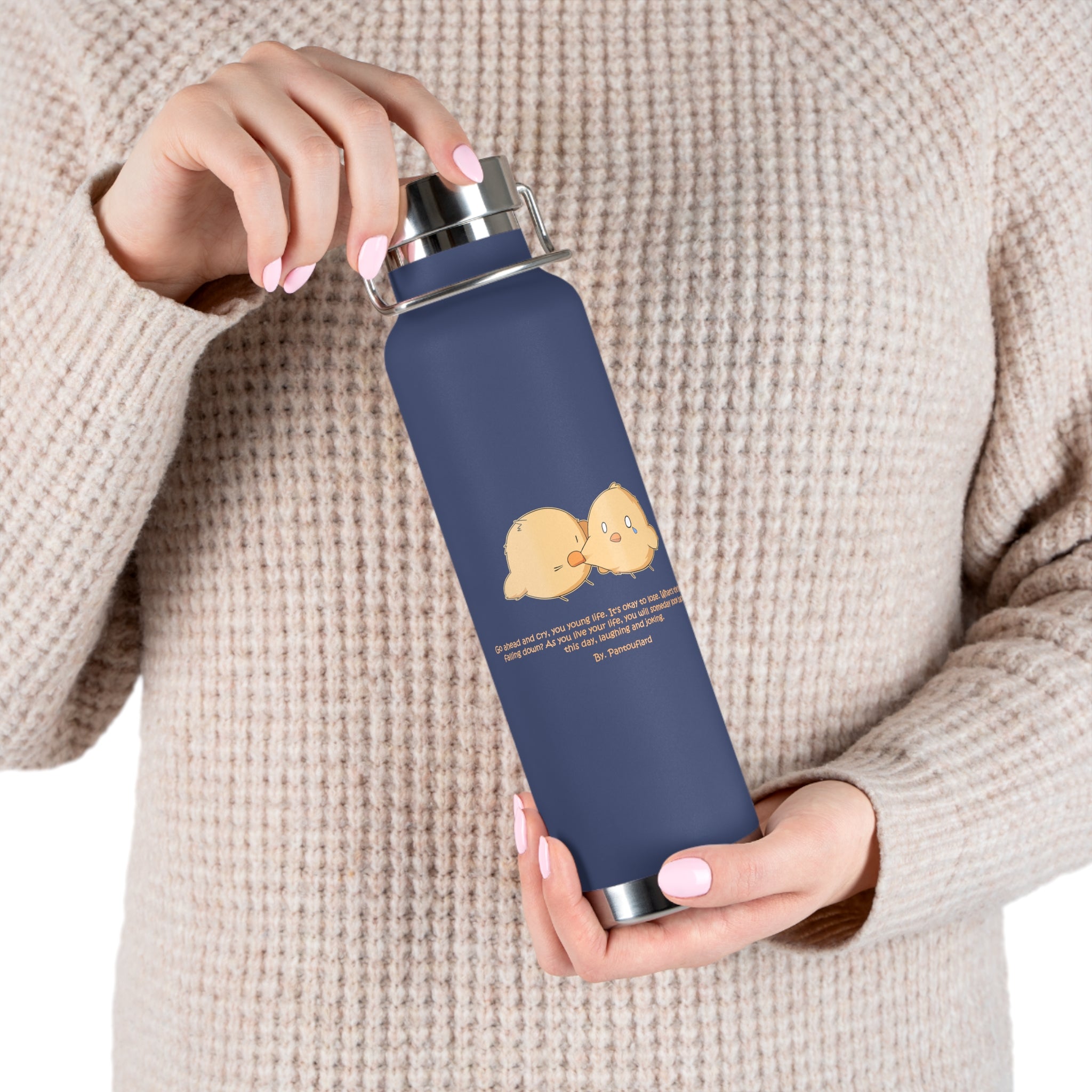 Navy Blue Cute Biting Chicks Quote 22oz Copper Vacuum Insulated Bottle