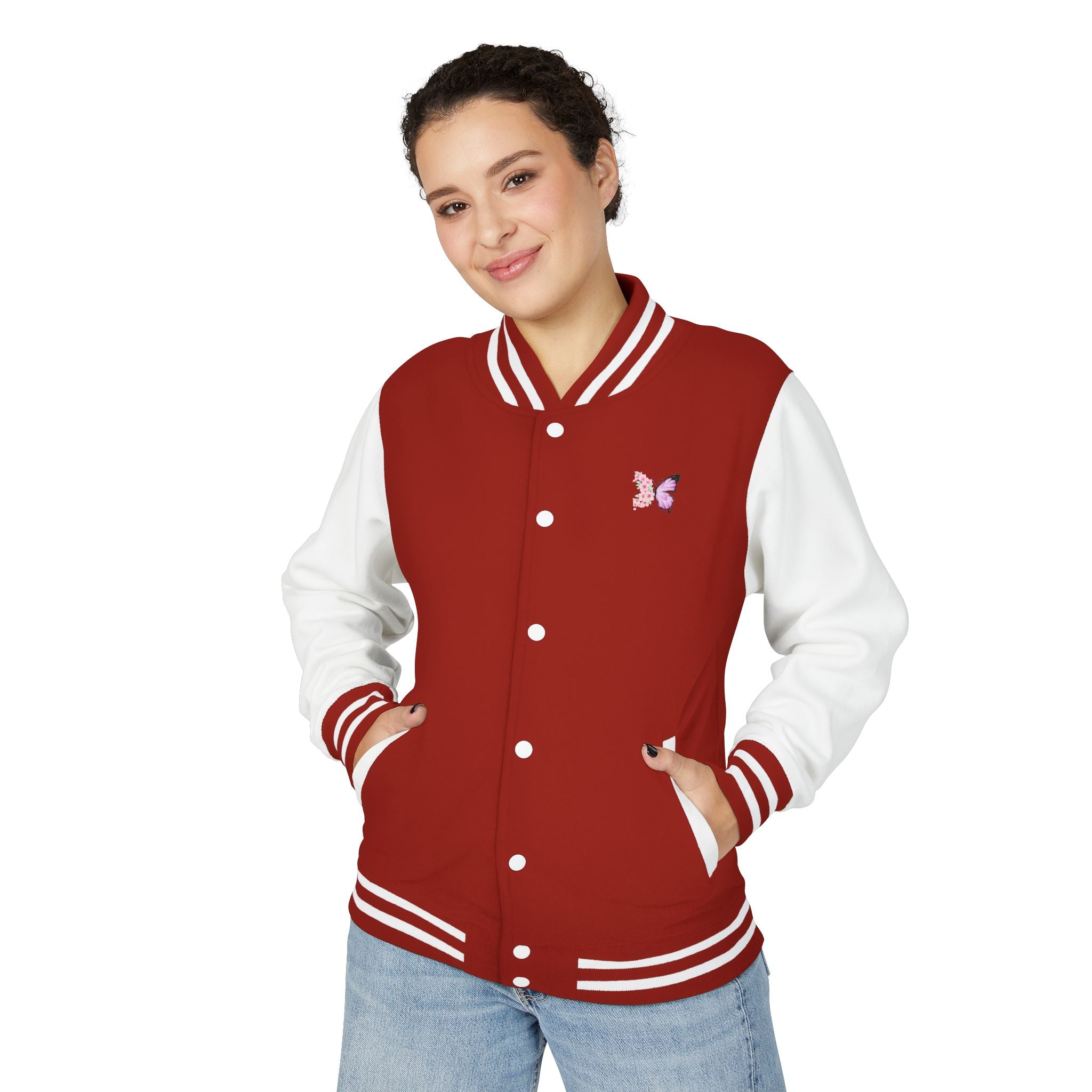 Unisex Navy Blue Floral Butterfly Spring Quote Cotton Blend Letterman Jacket