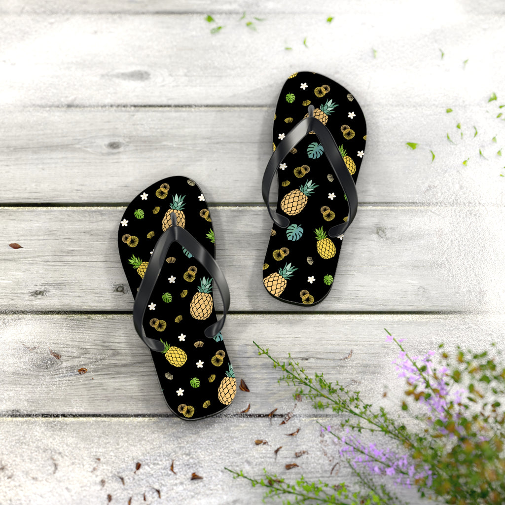 Unisex Black Pineapple Tropical Pattern EVA Polyester Flip Flops