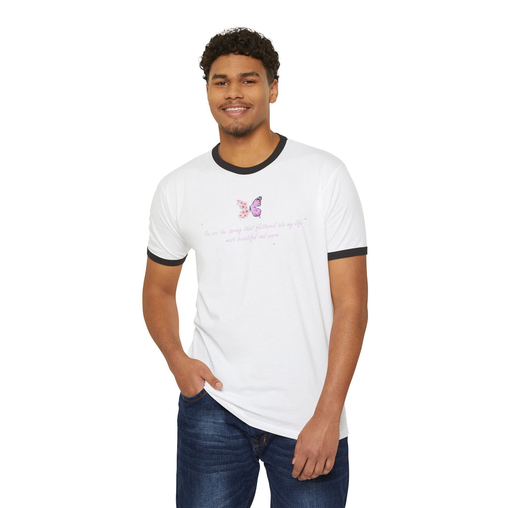 Unisex Natural Floral Butterfly Spring Quote 100% Cotton Ringer T-Shirt
