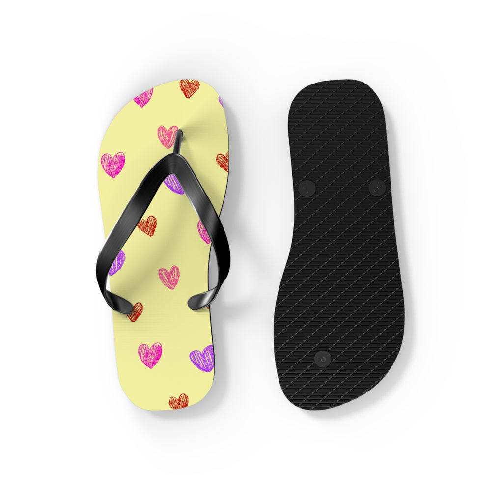 Unisex Light Yellow Colorful Hand Drawn Heart Pattern EVA Polyester Flip Flops