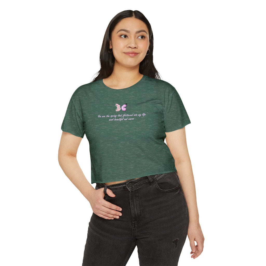 Women's Purple Floral Butterfly Spring Quote Cotton Blend Crop Top
