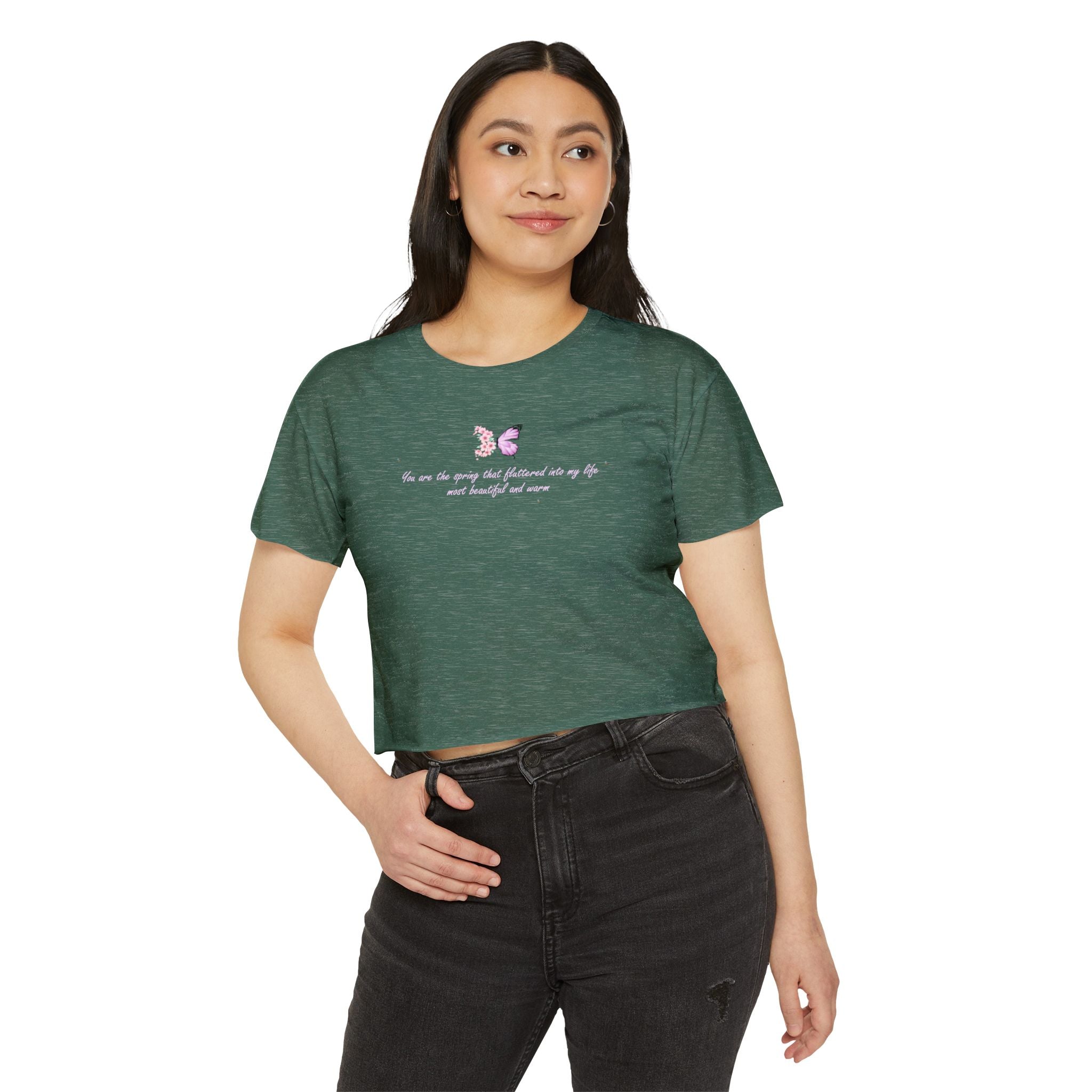 Women's Purple Floral Butterfly Spring Quote Cotton Blend Crop Top