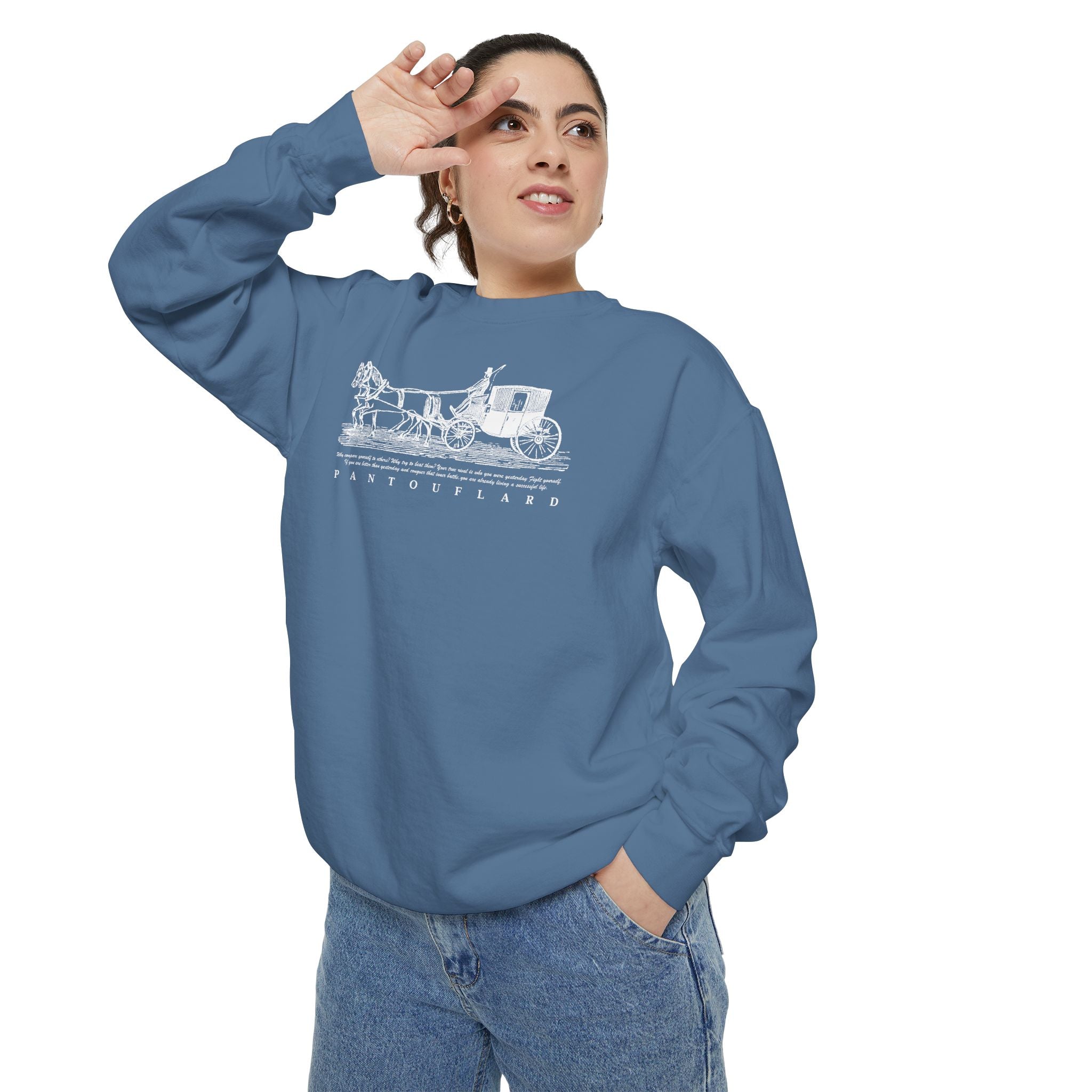 Unisex Navy Vintage Carriage Graphic Cotton Blend Sweatshirt