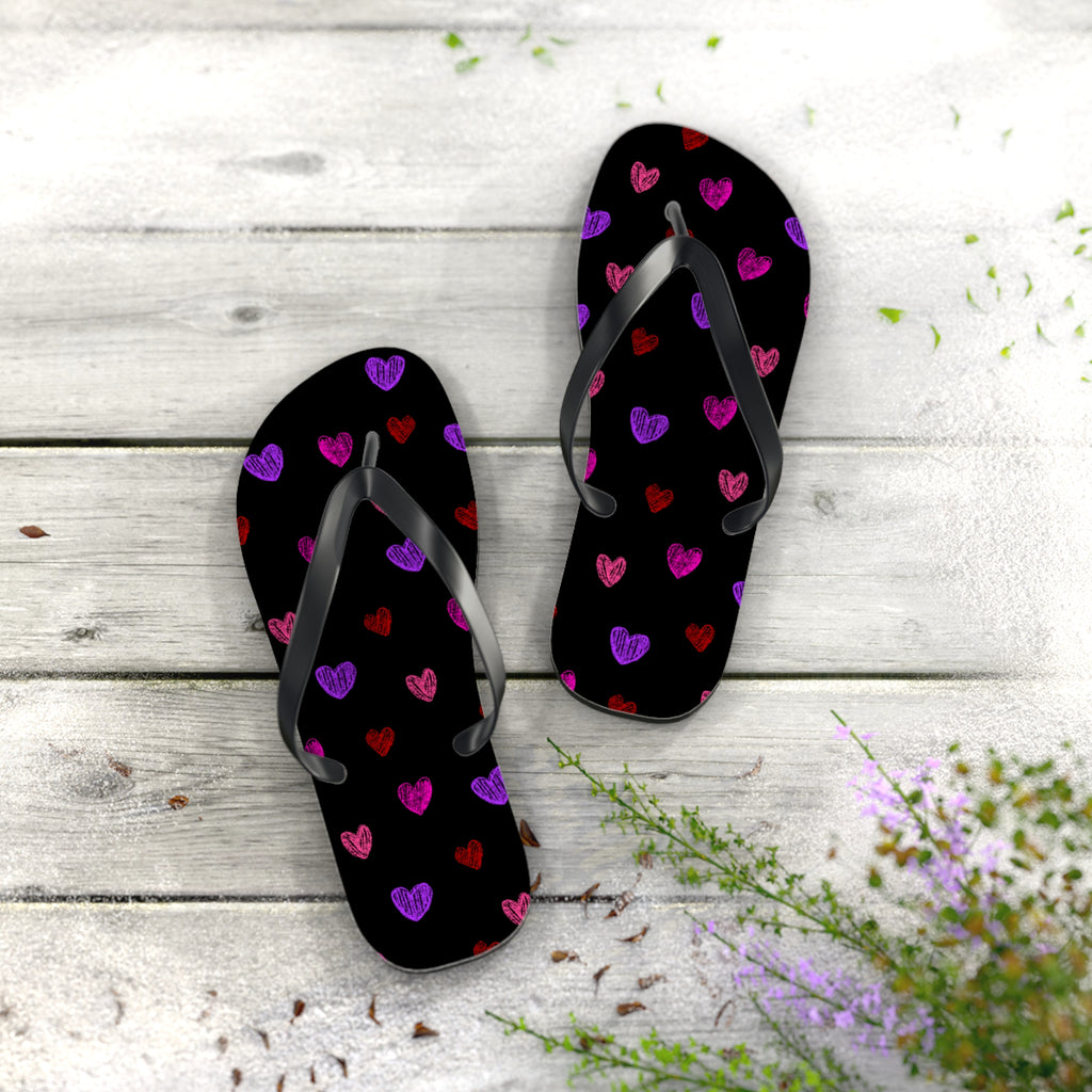 Women's Y2K Neon Sketched Hearts Flip Flops - Alt Aesthetic Beach Sandals