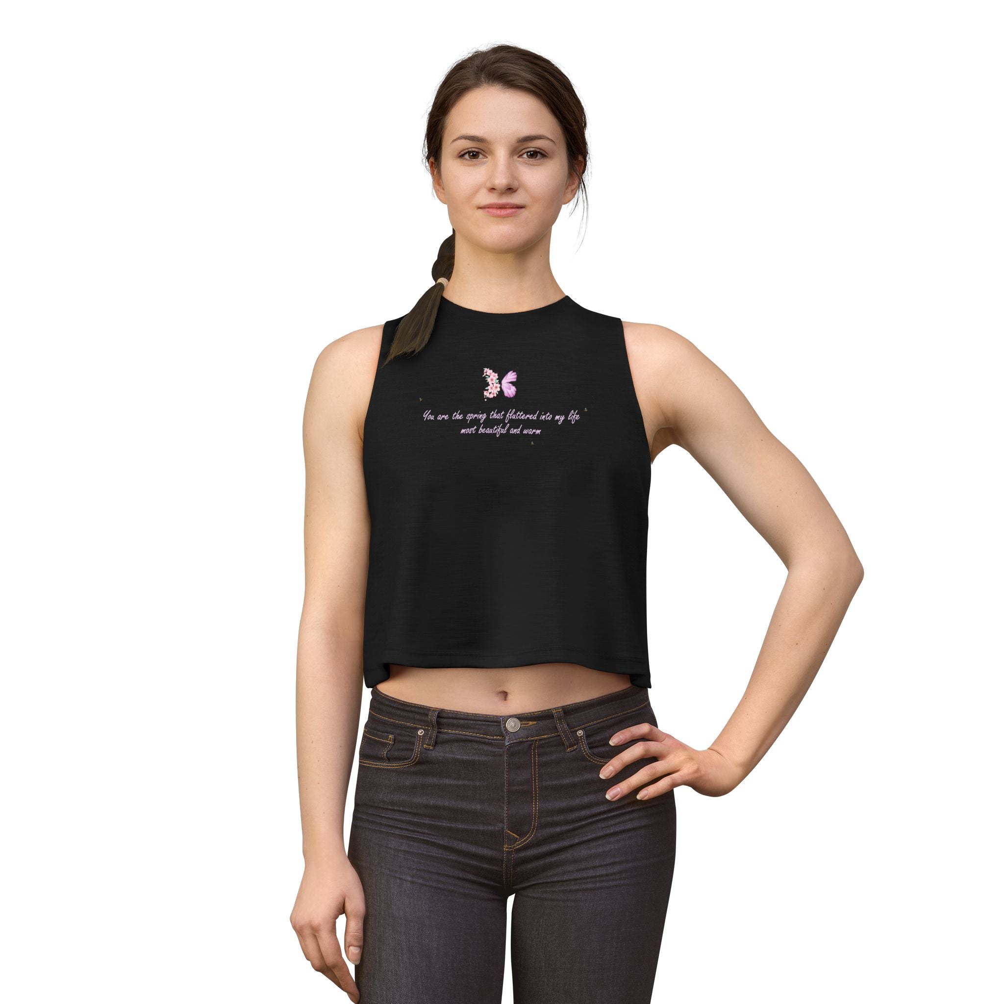 Women's Black Floral Butterfly Spring Quote Cotton Blend Crop Top