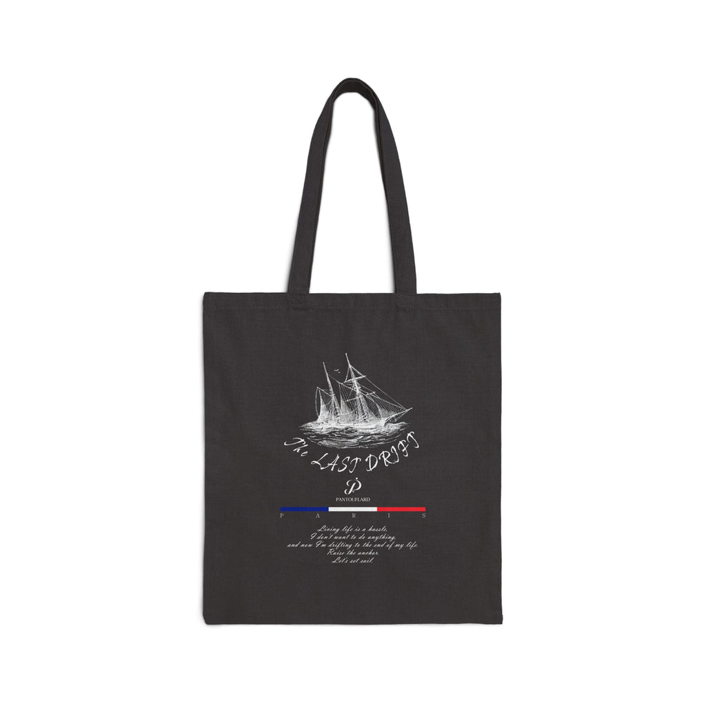 Paris Sailing Ship Print Cotton Canvas Tote Bag Black Color