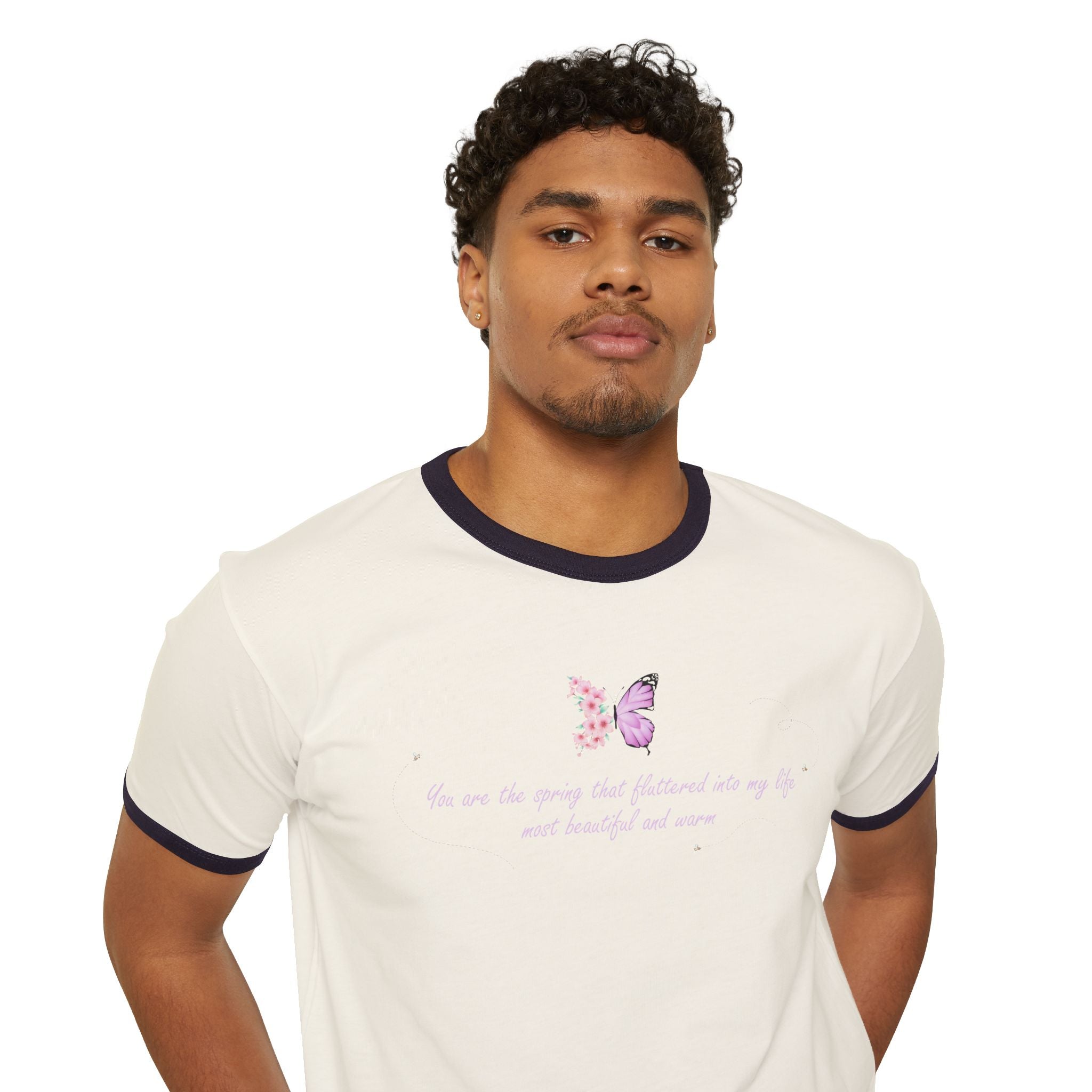Unisex Natural Floral Butterfly Spring Quote 100% Cotton Ringer T-Shirt