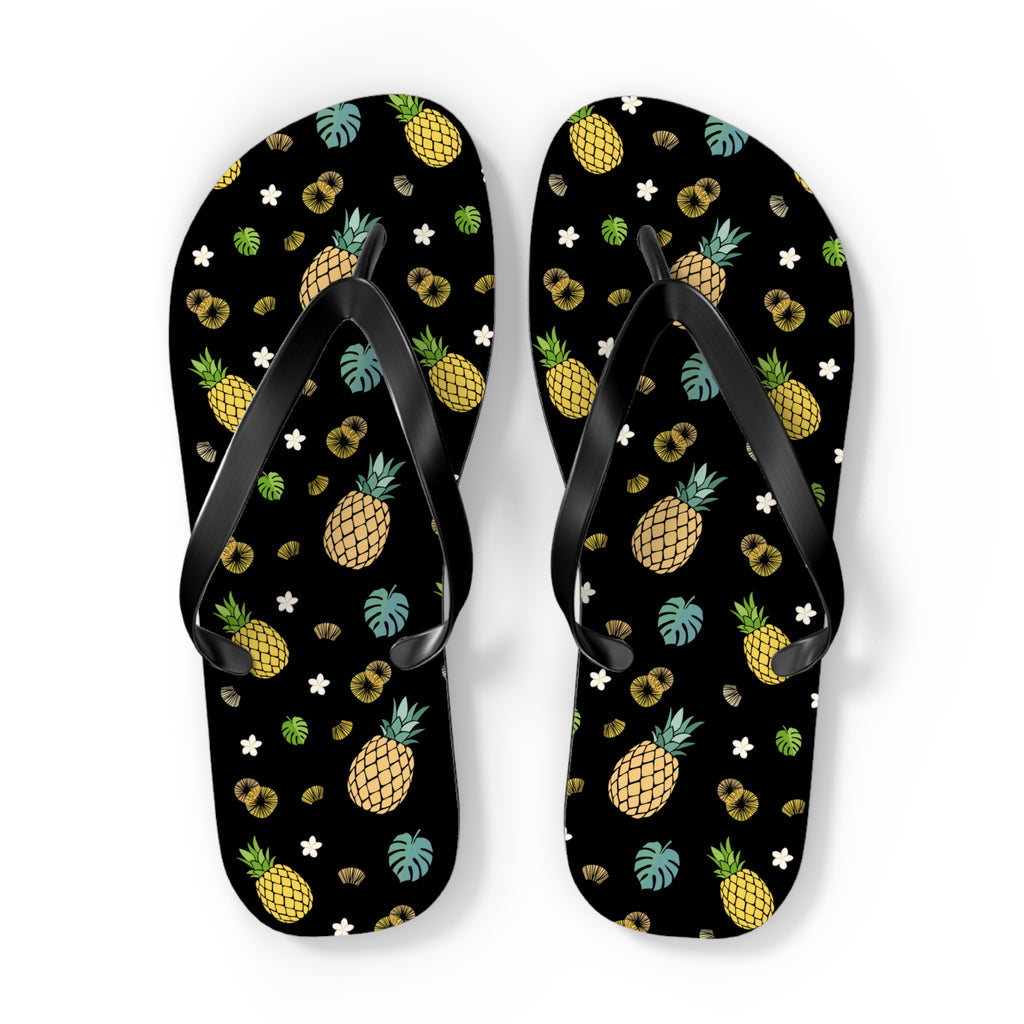 Unisex Black Pineapple Tropical Pattern EVA Polyester Flip Flops