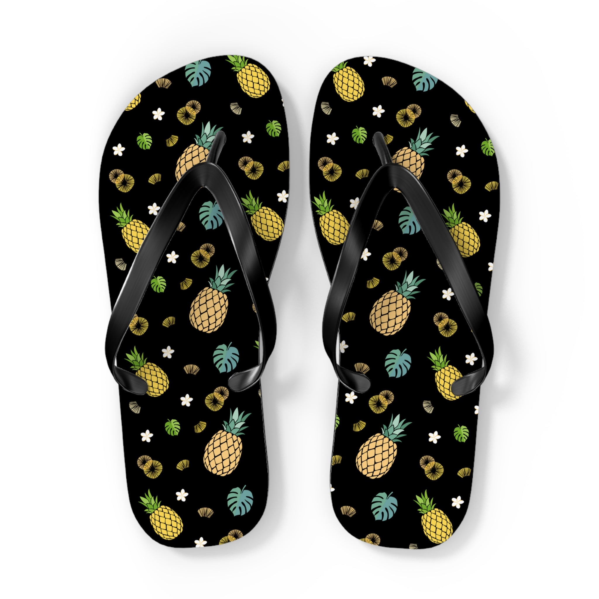 Unisex Black Pineapple Tropical Pattern EVA Polyester Flip Flops