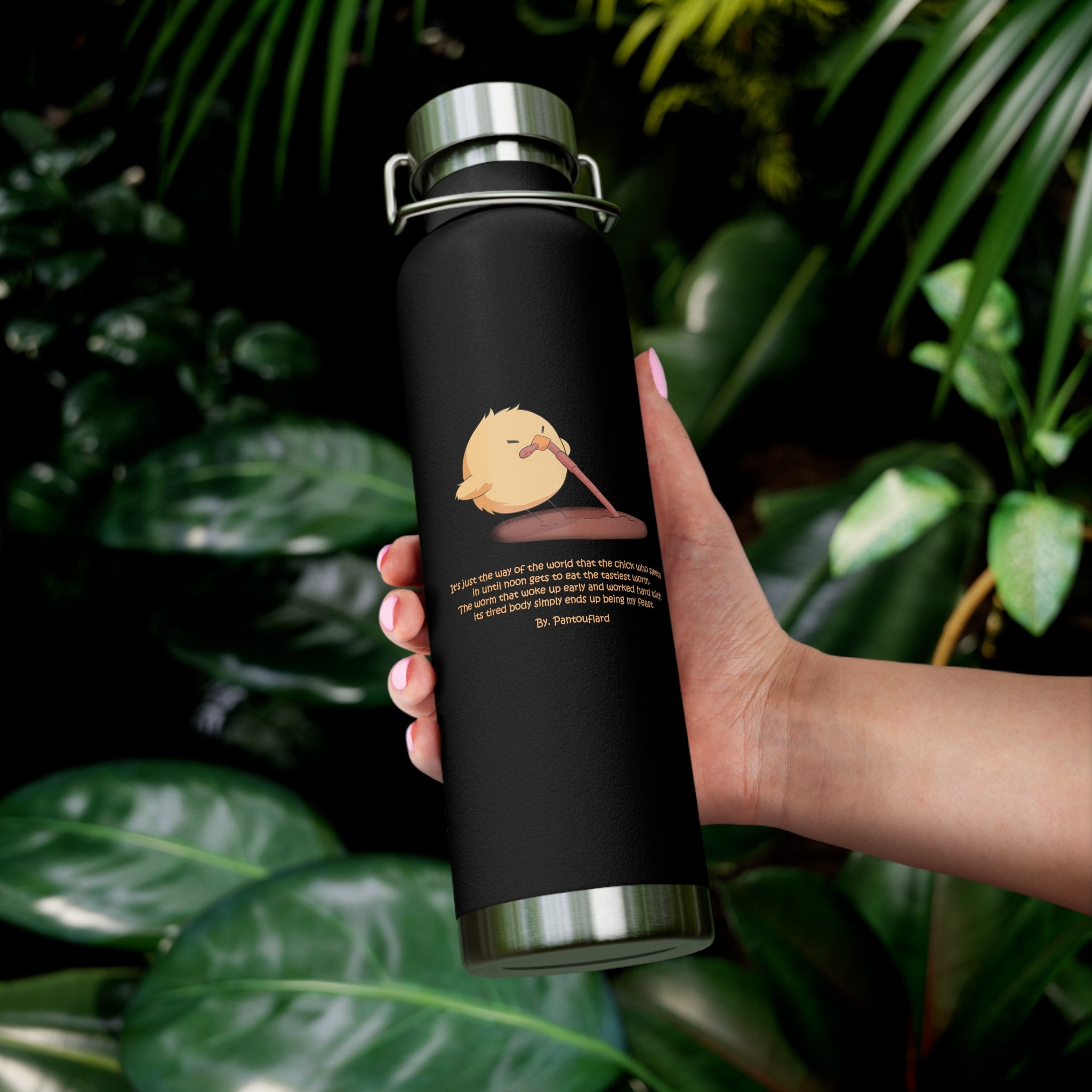 Navy Blue Cute Chick Pulling Worm Quote 22oz Copper Vacuum Insulated Bottle