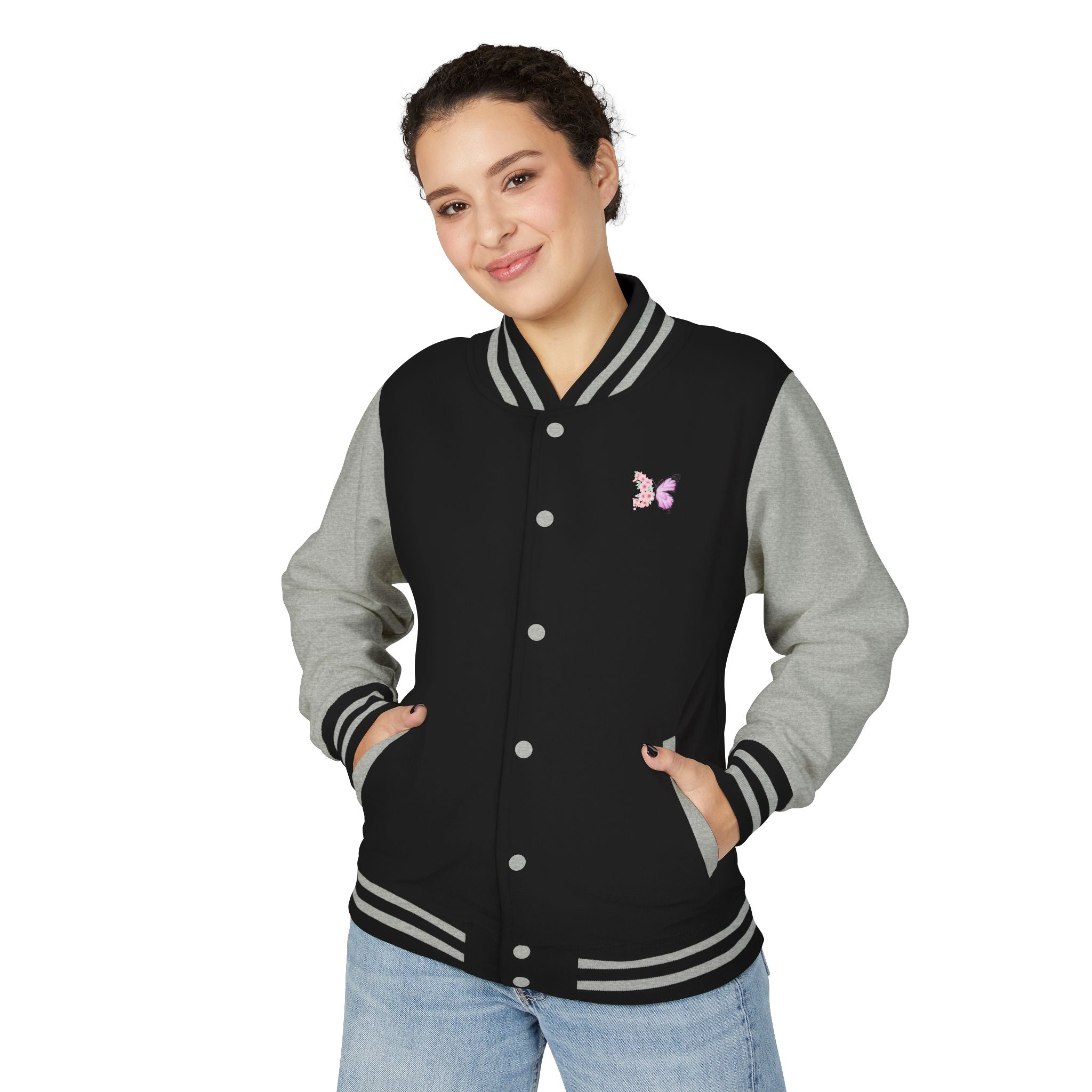 Unisex Navy Blue Floral Butterfly Spring Quote Cotton Blend Letterman Jacket