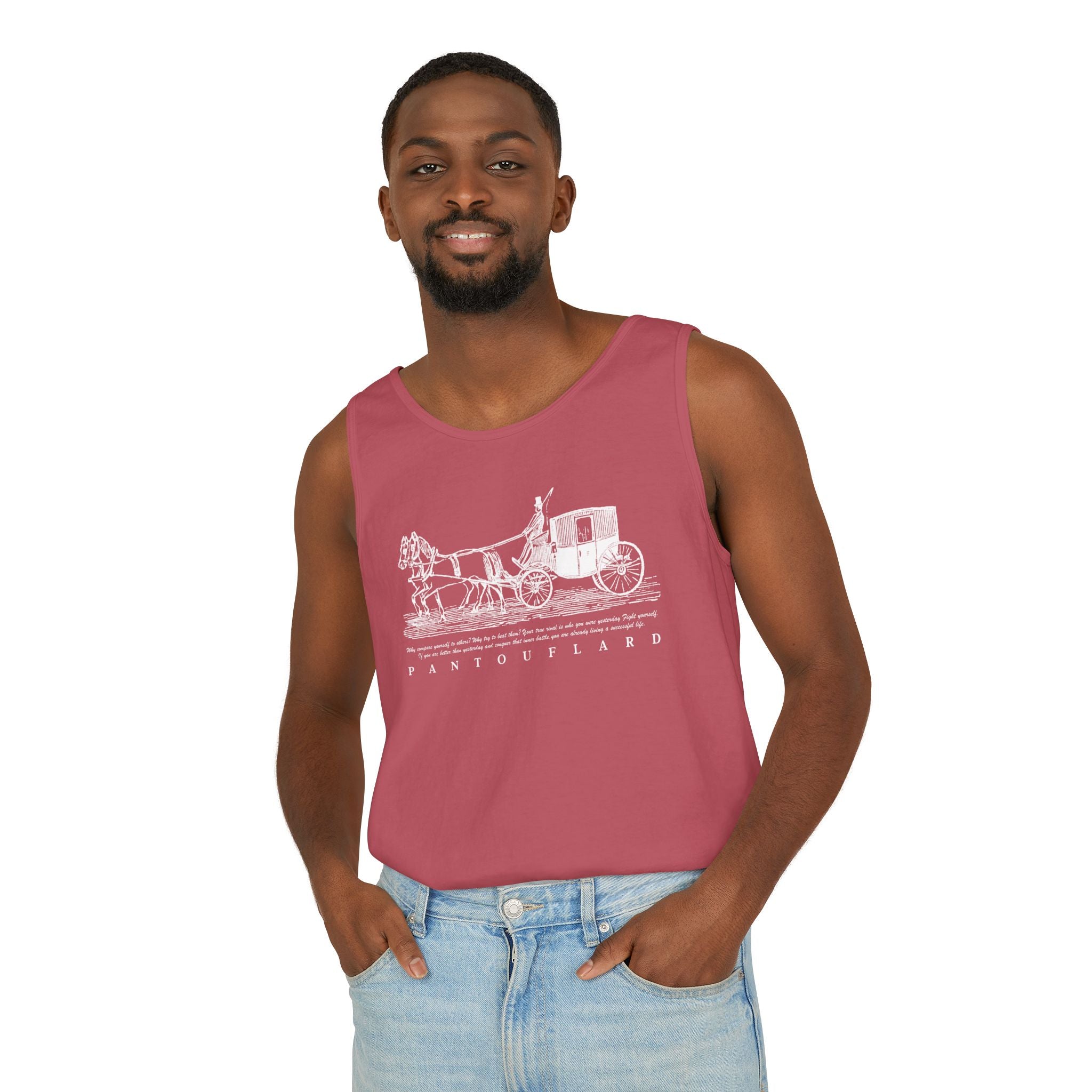 Unisex Black Pantouflard Carriage Cotton Garment-Dyed Tank Top