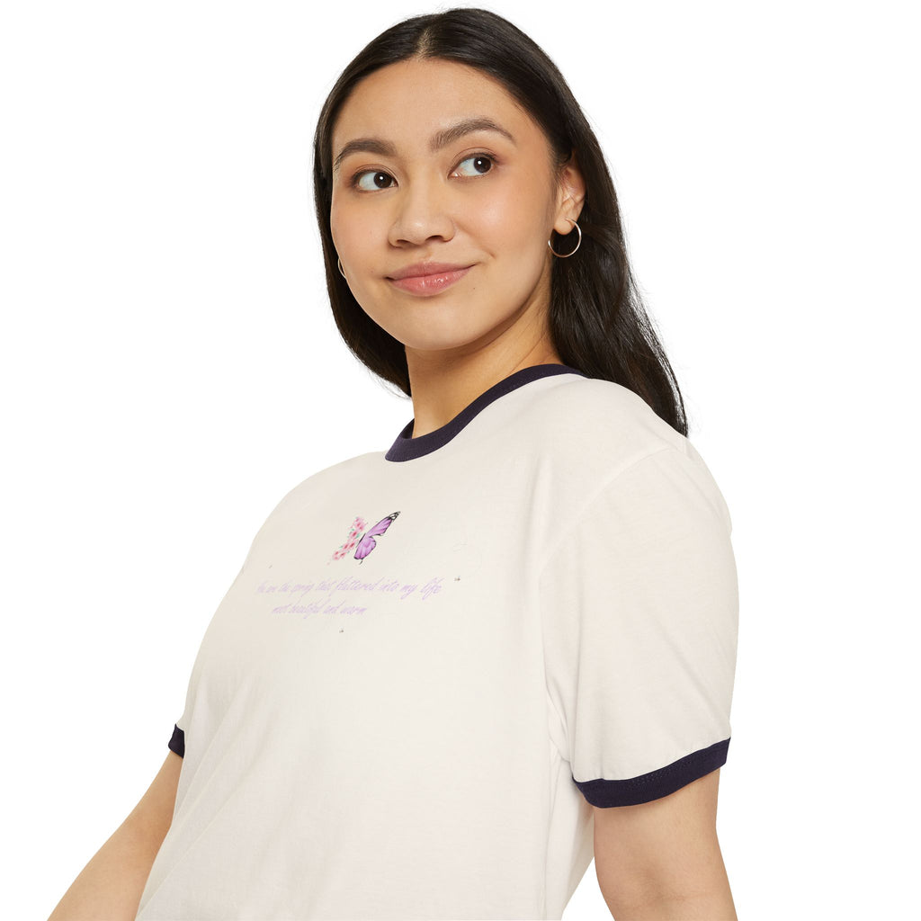 Unisex Natural Floral Butterfly Spring Quote 100% Cotton Ringer T-Shirt