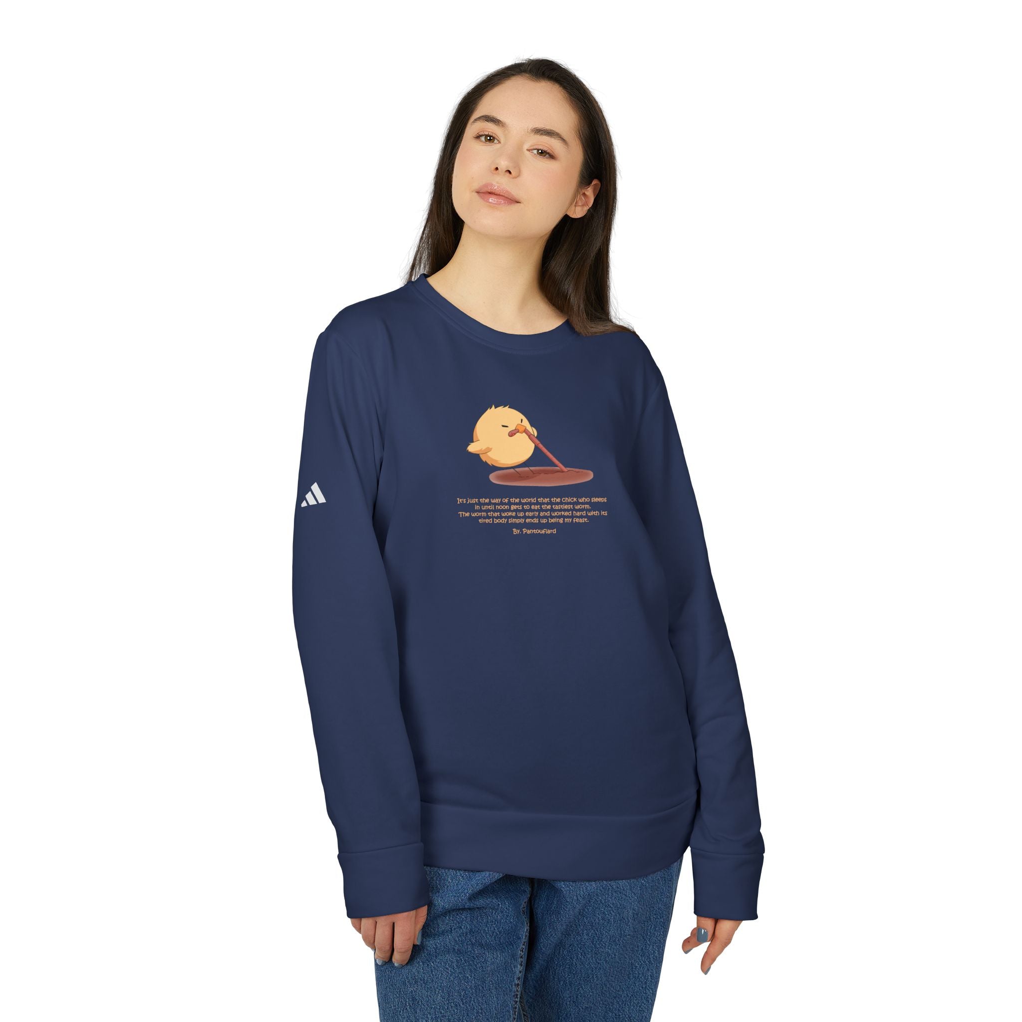 Adidas Crewneck Sweatshirt with Funny Graphic - "Early Bird Parody" Cute Chick Design - 8color Cotton Fleece Pullover - Unisex Streetwear