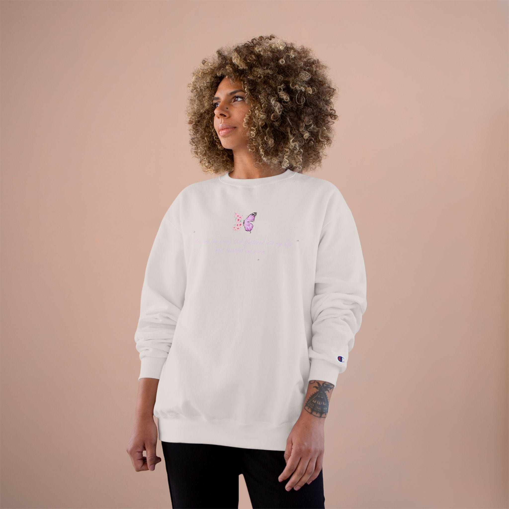 Unisex White Floral Butterfly Spring Quote Cotton Blend Champion Sweatshirt