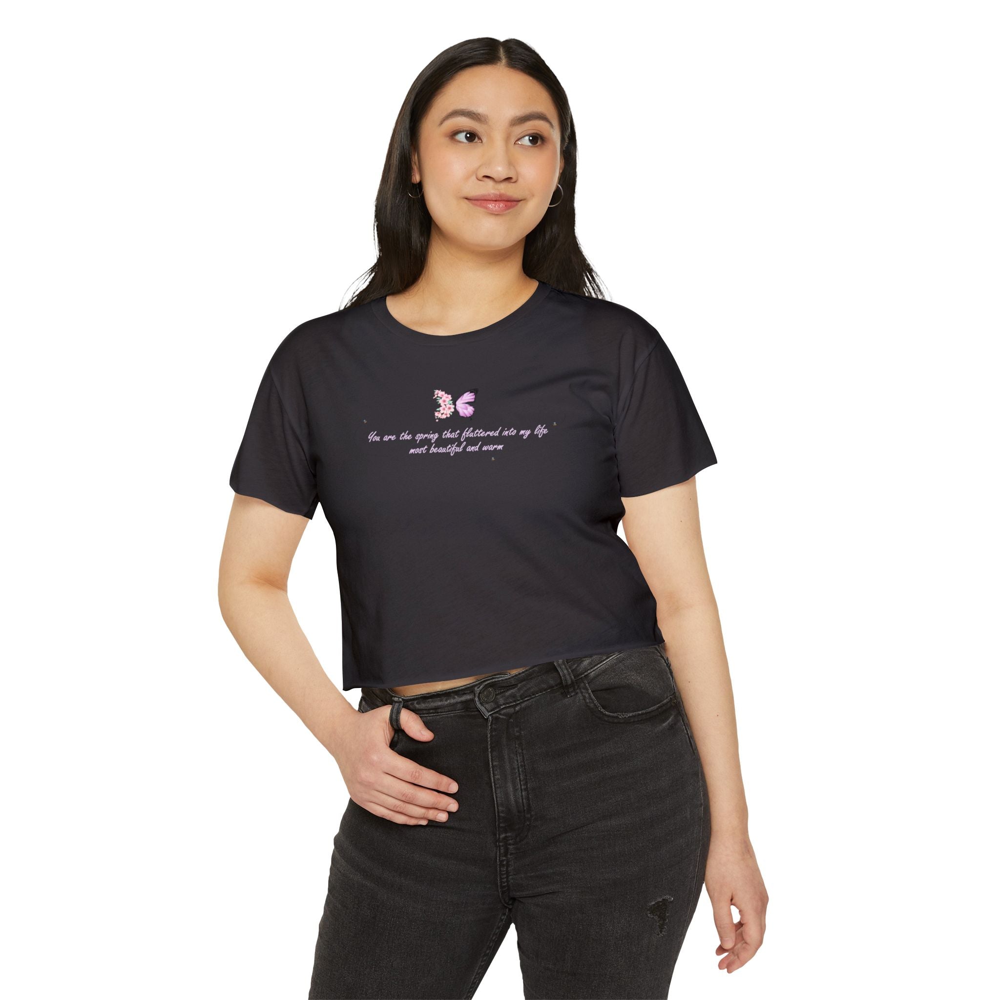Women's Purple Floral Butterfly Spring Quote Cotton Blend Crop Top