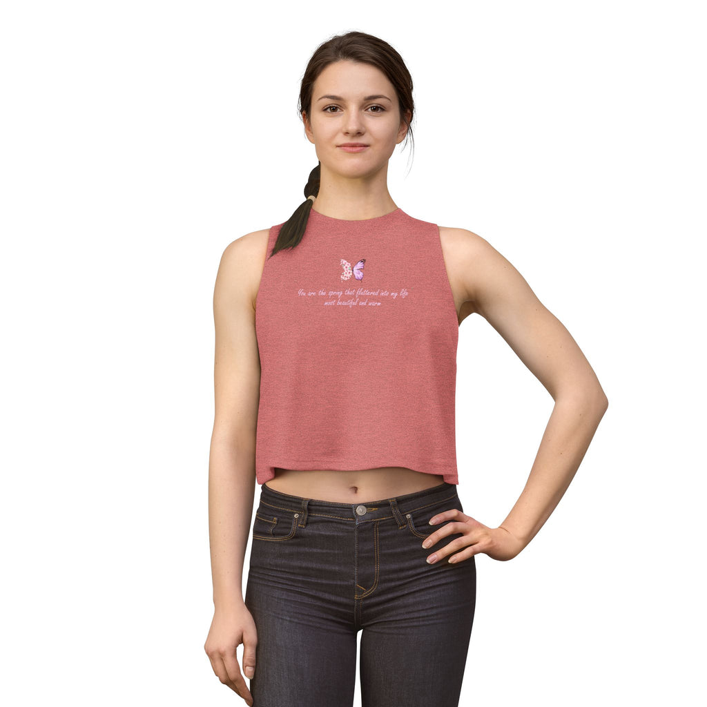 Women's Black Floral Butterfly Spring Quote Cotton Blend Crop Top
