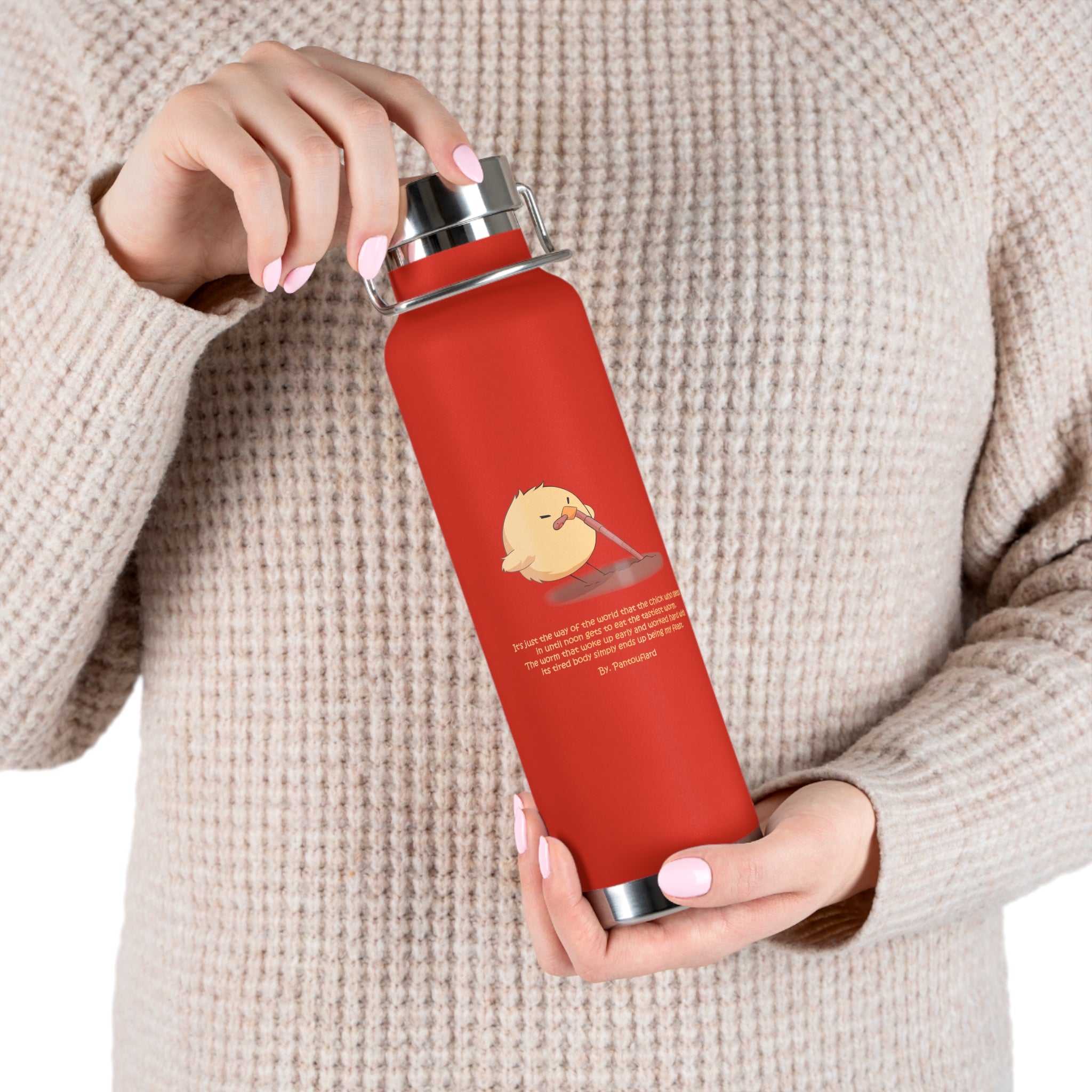 Navy Blue Cute Chick Pulling Worm Quote 22oz Copper Vacuum Insulated Bottle