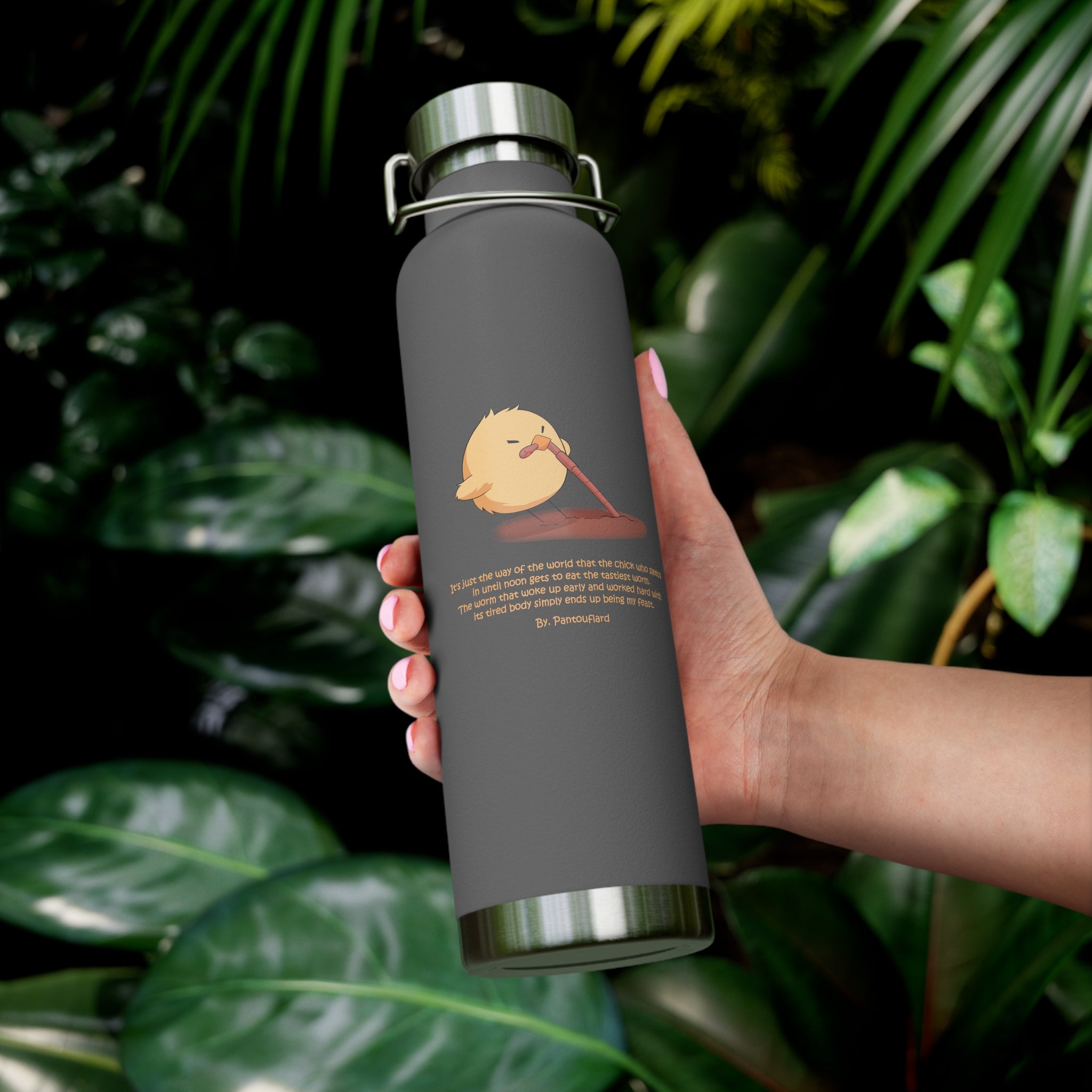 Navy Blue Cute Chick Pulling Worm Quote 22oz Copper Vacuum Insulated Bottle