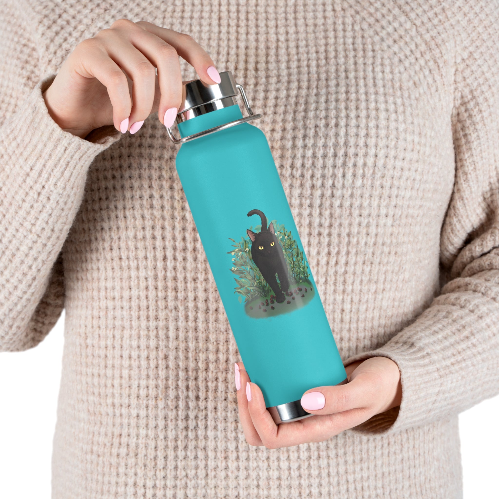 Black Mysterious Black Cat in Bushes 22oz Copper Vacuum Insulated Bottle