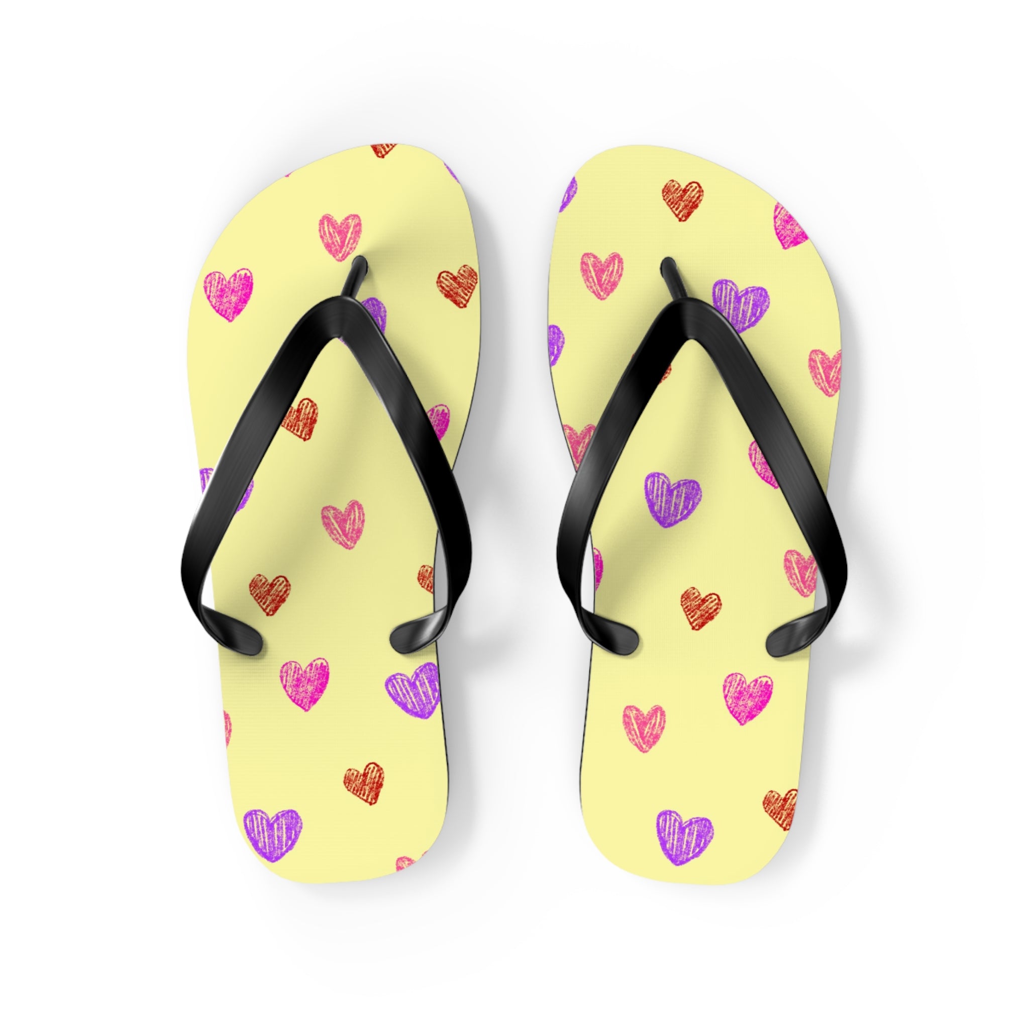 Unisex Light Yellow Colorful Hand Drawn Heart Pattern EVA Polyester Flip Flops