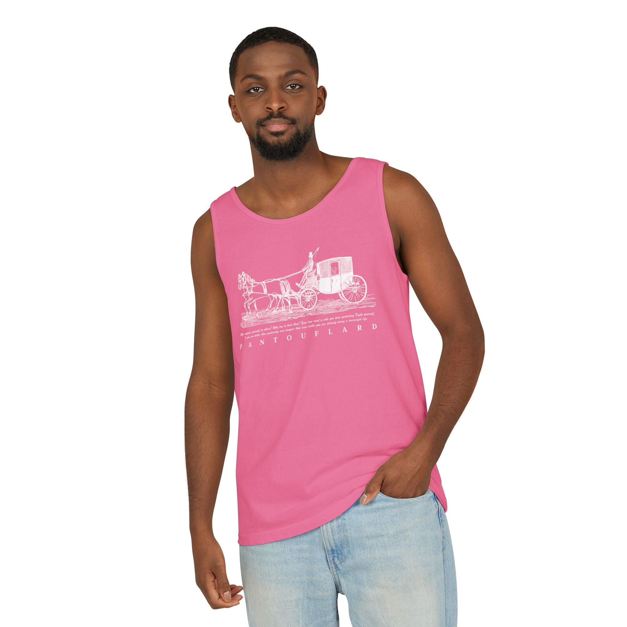 Unisex Black Pantouflard Carriage Cotton Garment-Dyed Tank Top