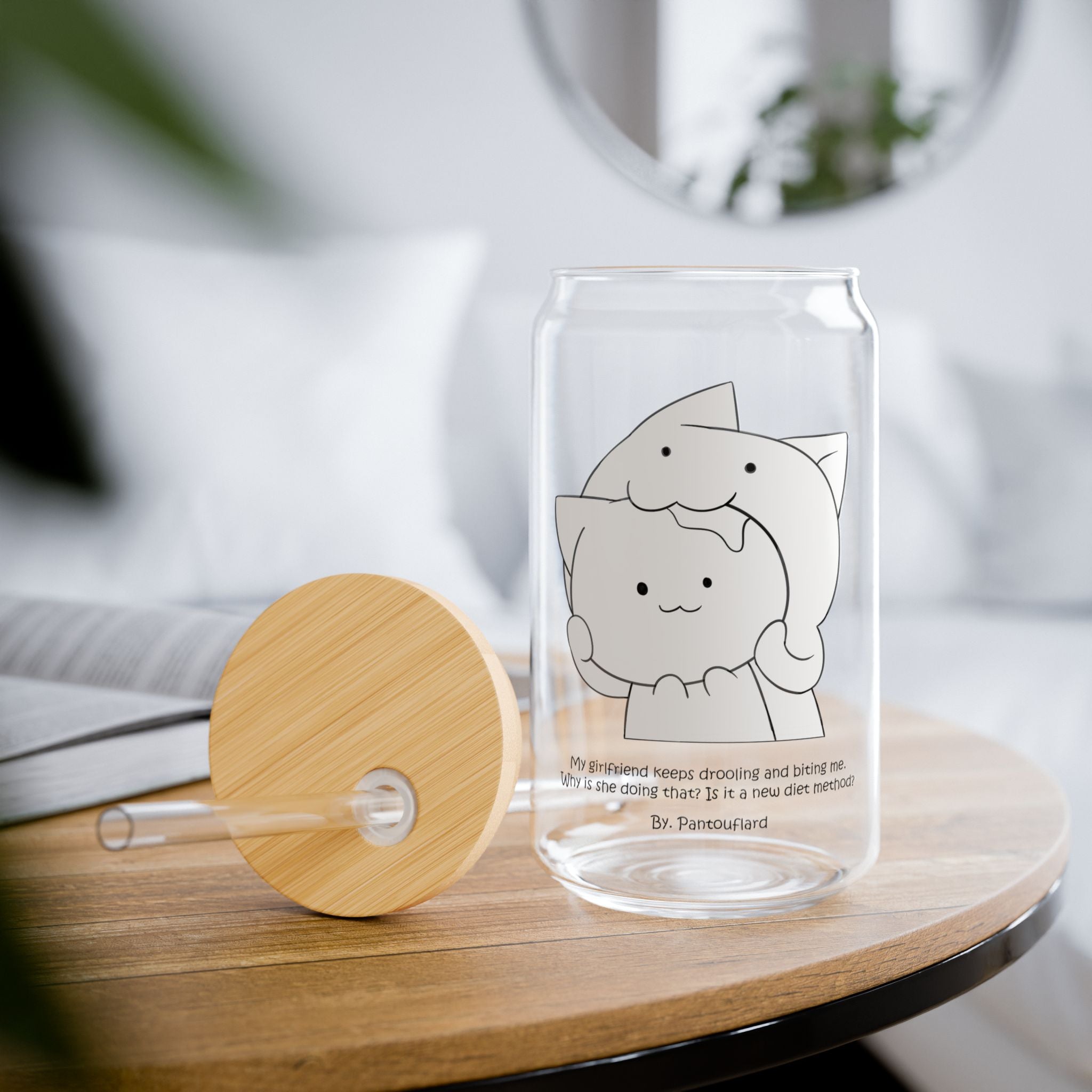 Clear Pantouflard Funny Biting Cat Couple Tempered Glass Sipper