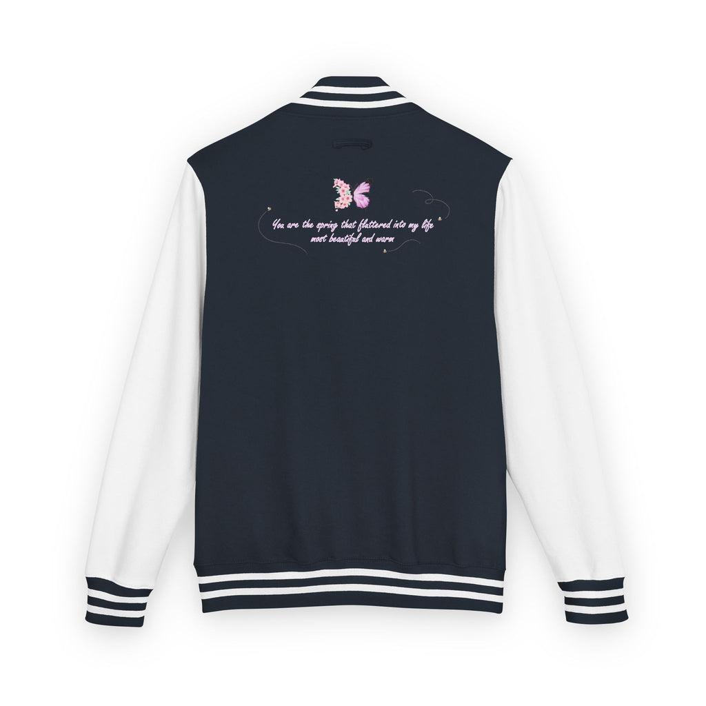 Unisex Navy Blue Floral Butterfly Spring Quote Cotton Blend Letterman Jacket