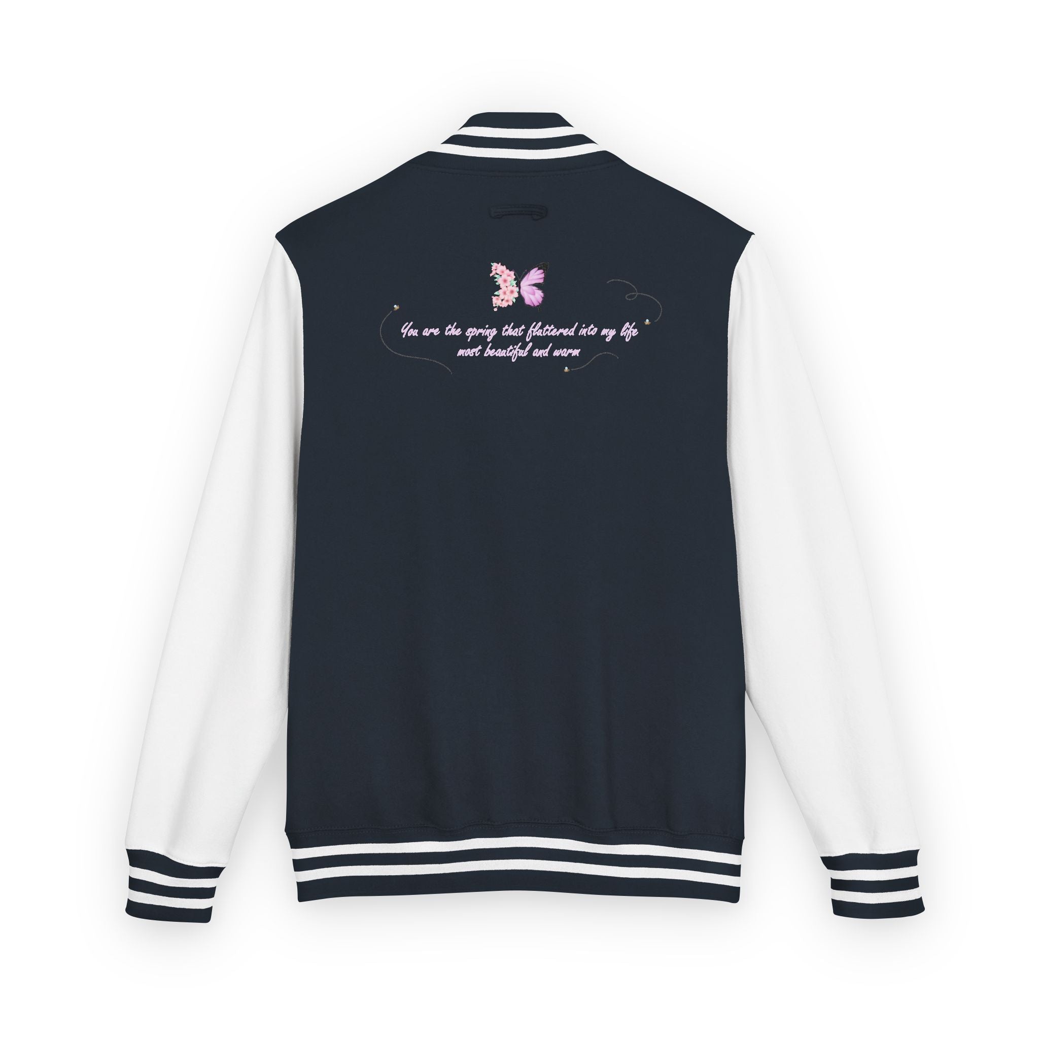Unisex Navy Blue Floral Butterfly Spring Quote Cotton Blend Letterman Jacket