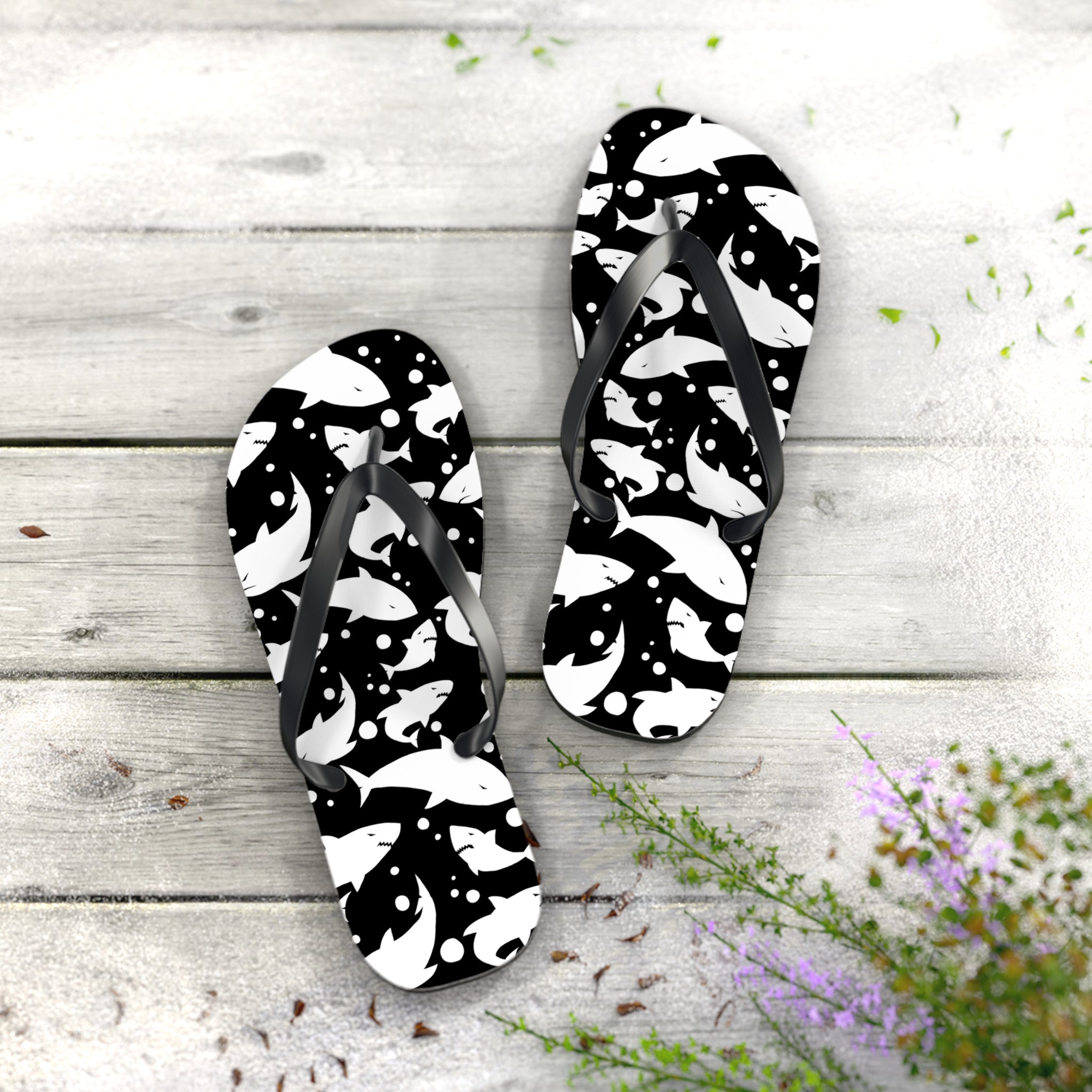 Men's/Women's Black and White Shark Print Flip Flops - Graphic Thong Sandals