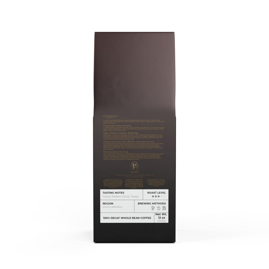 Pantouflard Trapper Peak Decaf Medium Dark Roast Coffee – Whole Bean – 100% Arabica Specialty Blend (Indonesia) – Notes of Smooth, Savory, Cocoa, Mellow Citrus, Toasty – 12oz(340g)