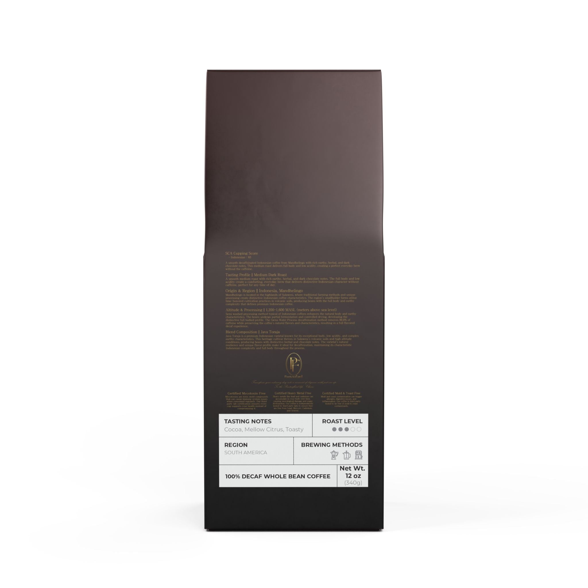 Pantouflard Trapper Peak Decaf Medium Dark Roast Coffee – Whole Bean – 100% Arabica Specialty Blend (Indonesia) – Notes of Smooth, Savory, Cocoa, Mellow Citrus, Toasty – 12oz(340g)