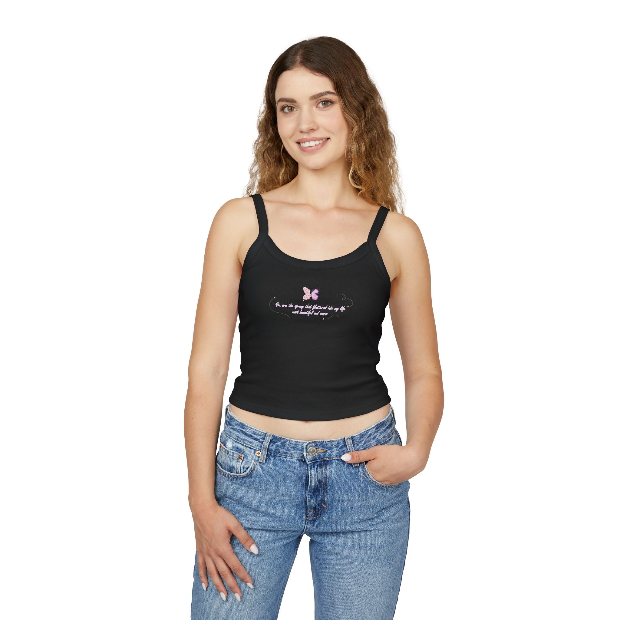Women's Pink Floral Butterfly Spring Quote Cotton Blend Spaghetti Strap Tank Top