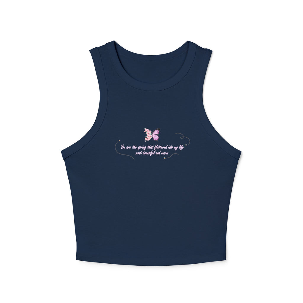 Women's Navy Blue Floral Butterfly Spring Quote Cotton Blend Racer Tank Top
