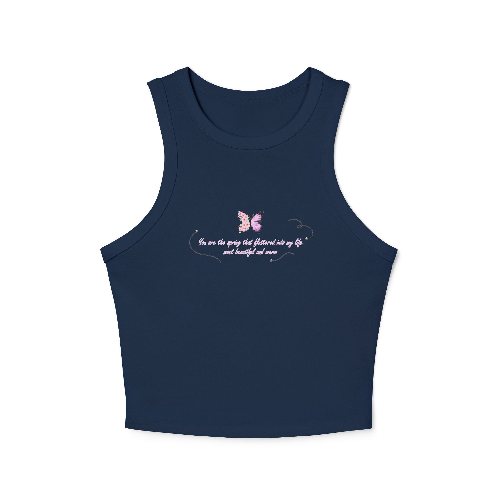 Women's Navy Blue Floral Butterfly Spring Quote Cotton Blend Racer Tank Top