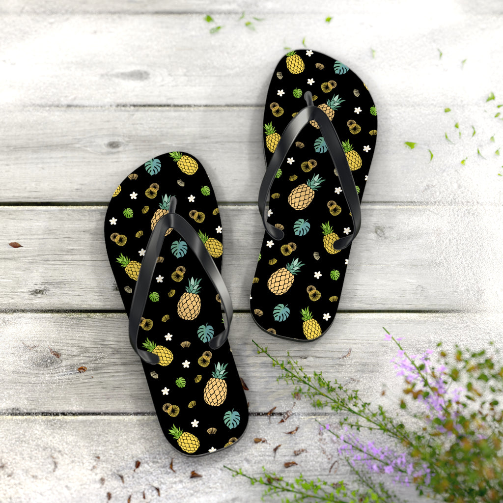 Unisex Black Pineapple Tropical Pattern EVA Polyester Flip Flops