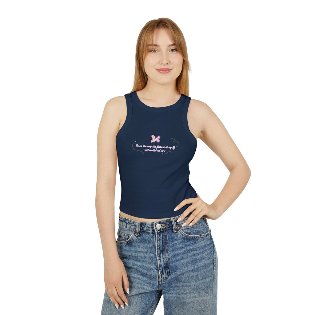 Women's Navy Blue Floral Butterfly Spring Quote Cotton Blend Racer Tank Top