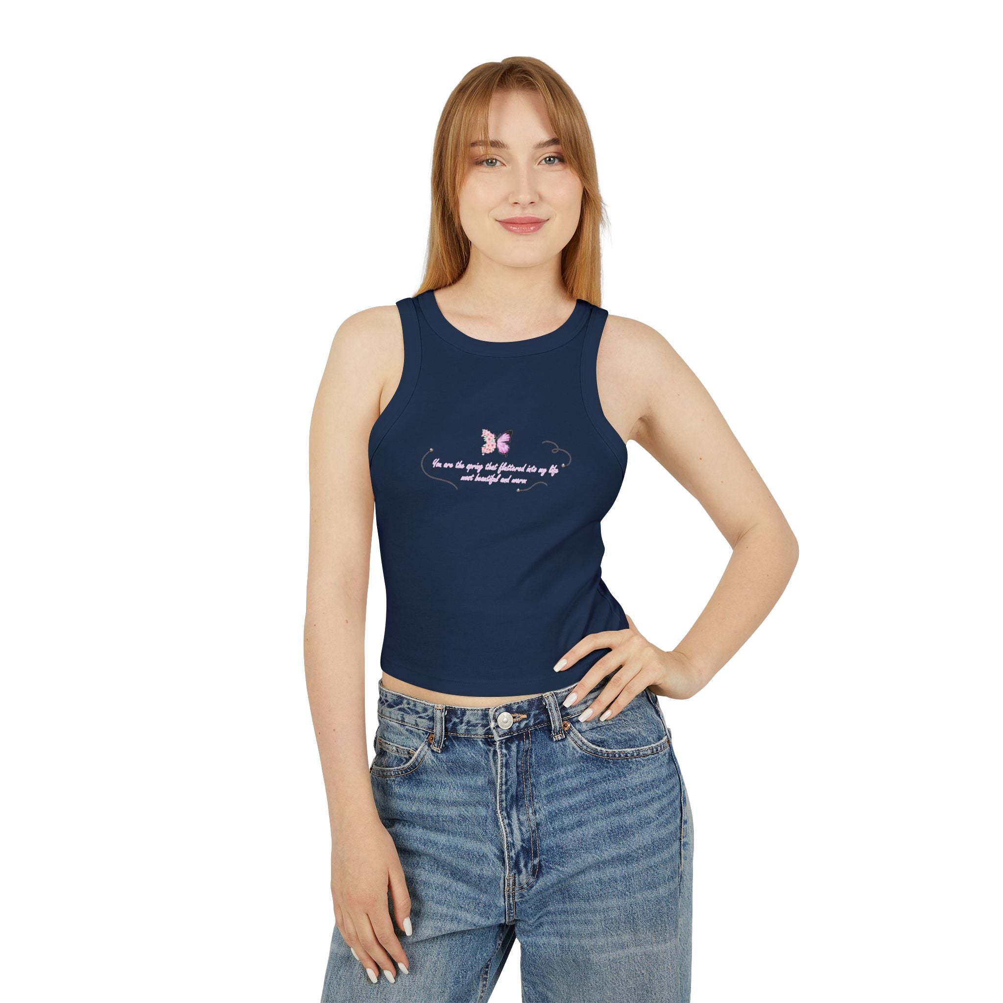 Women's Navy Blue Floral Butterfly Spring Quote Cotton Blend Racer Tank Top