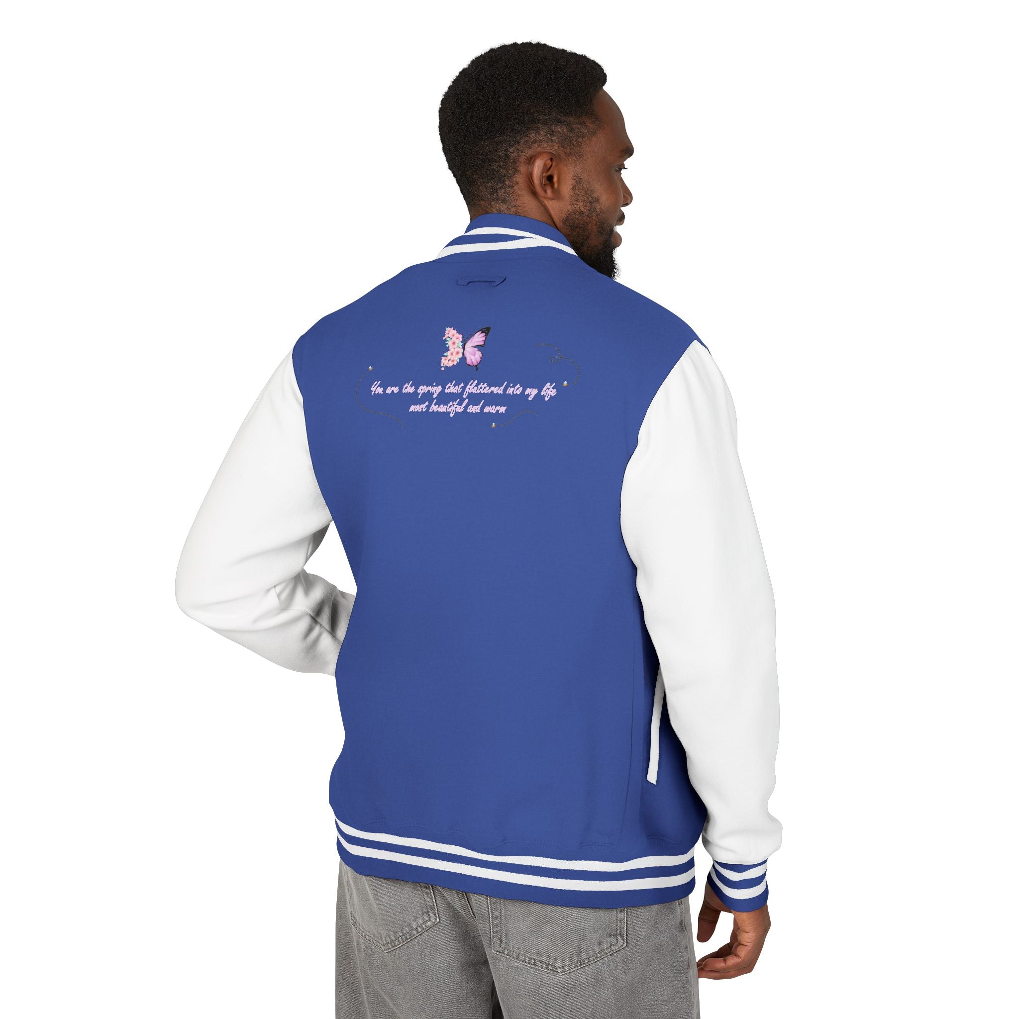 Unisex Navy Blue Floral Butterfly Spring Quote Cotton Blend Letterman Jacket