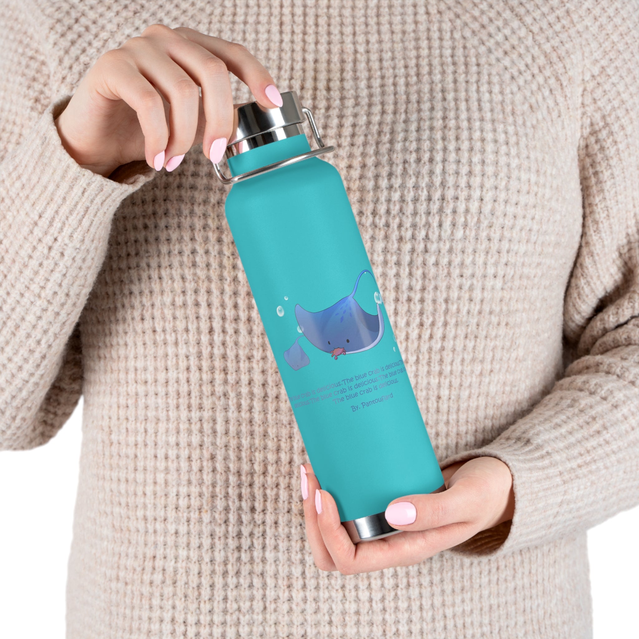 Cyan Blue Cute Stingray Eating Crab Quote 22oz Copper Vacuum Insulated Bottle