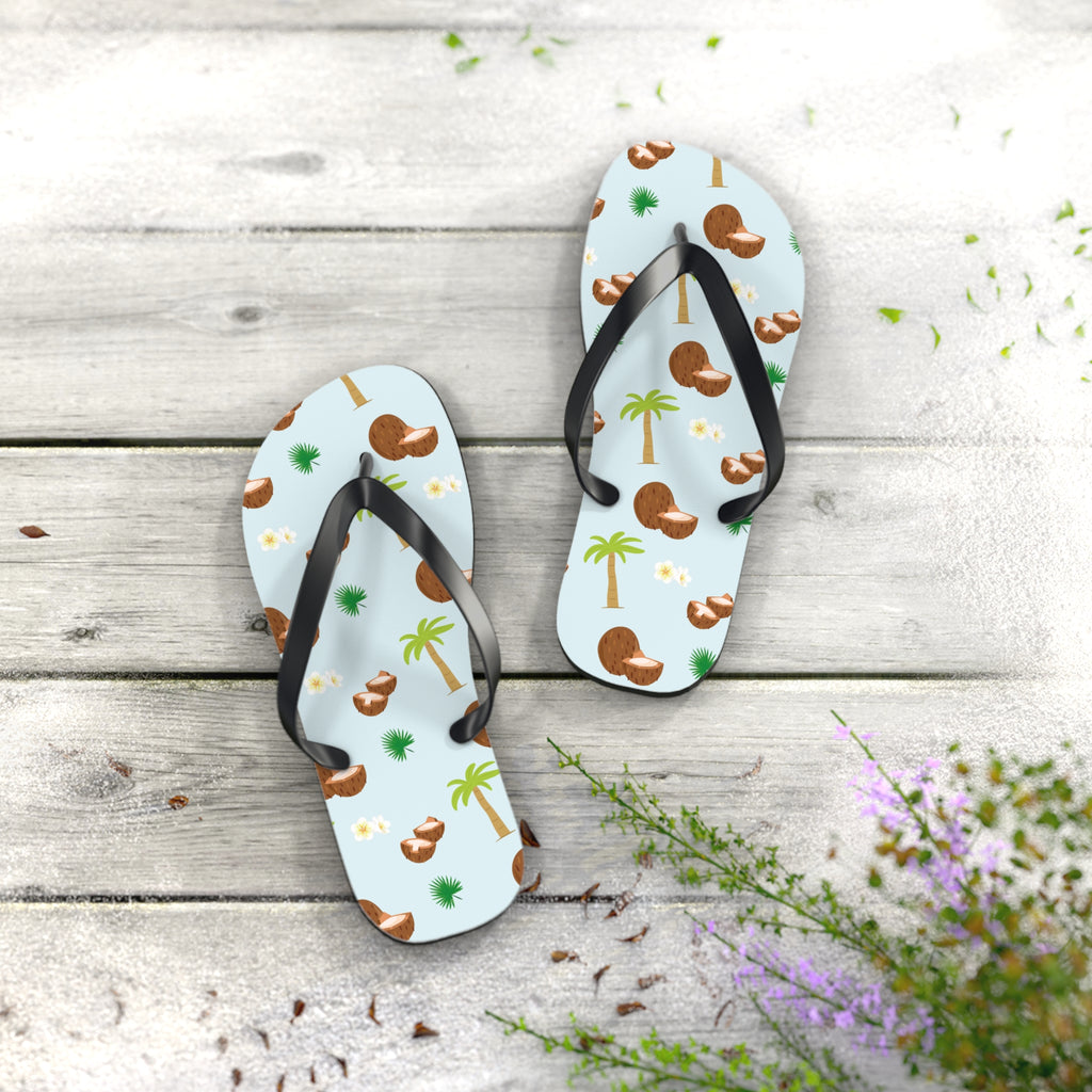 Unisex Light Blue Coconut Palm Tree Tropical Pattern EVA Polyester Flip Flops