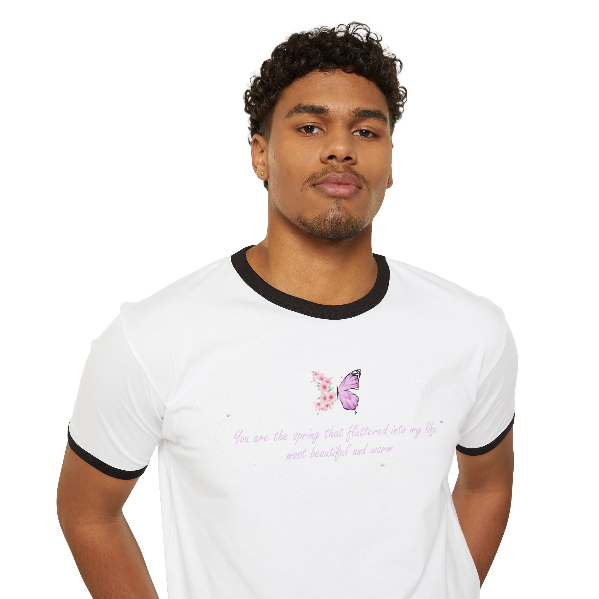 Unisex Natural Floral Butterfly Spring Quote 100% Cotton Ringer T-Shirt