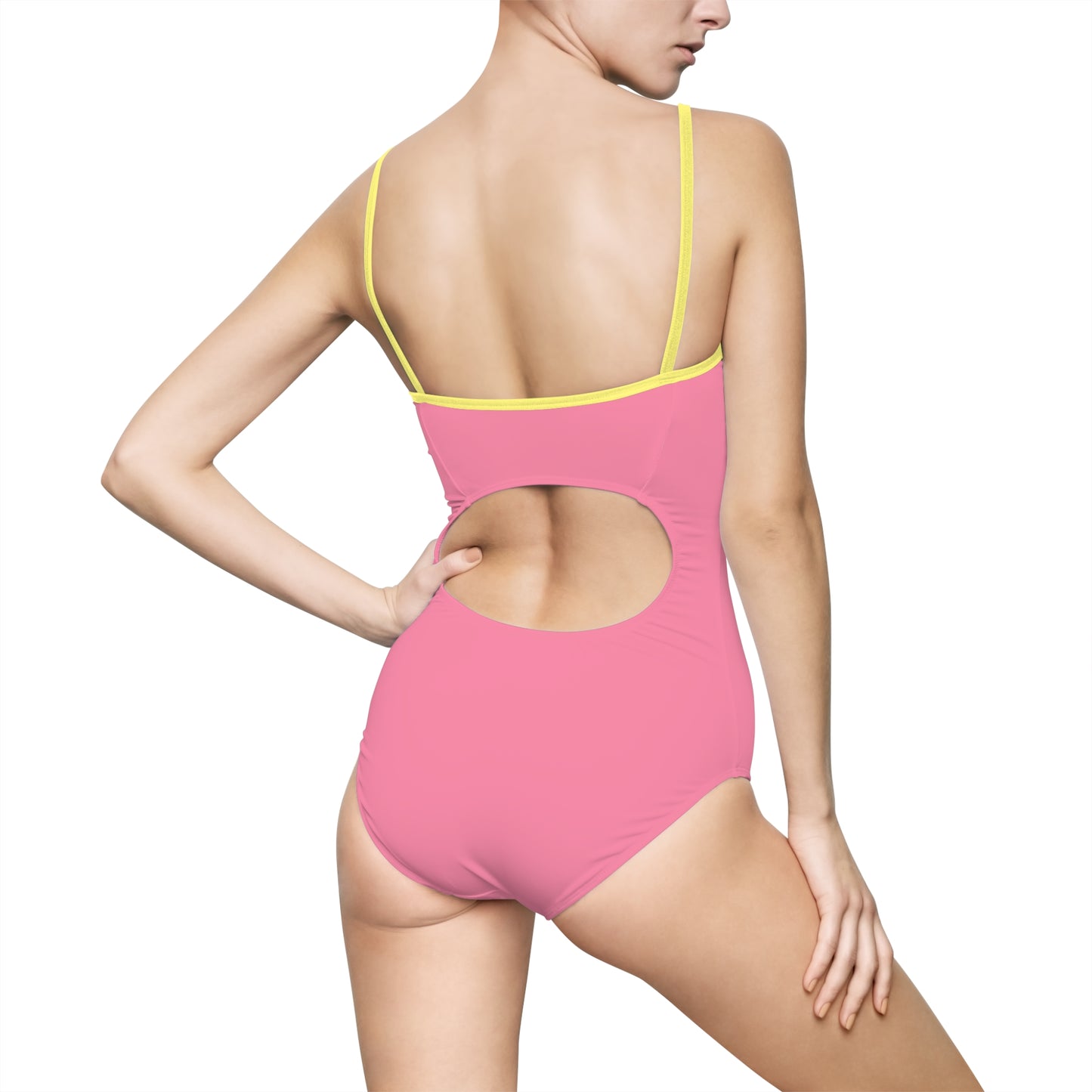 Women's One Piece Swimsuit (Blue heart on pink background)