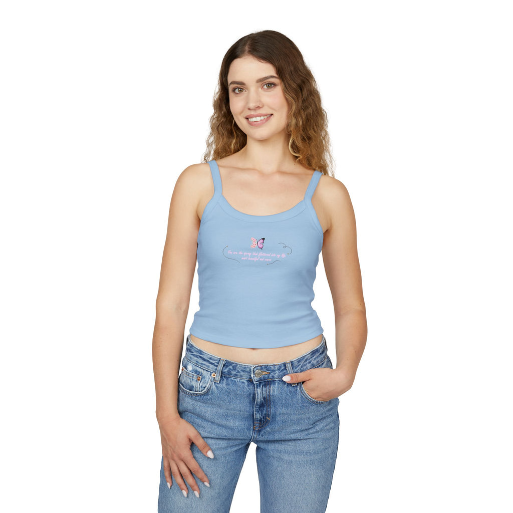 Women's Pink Floral Butterfly Spring Quote Cotton Blend Spaghetti Strap Tank Top