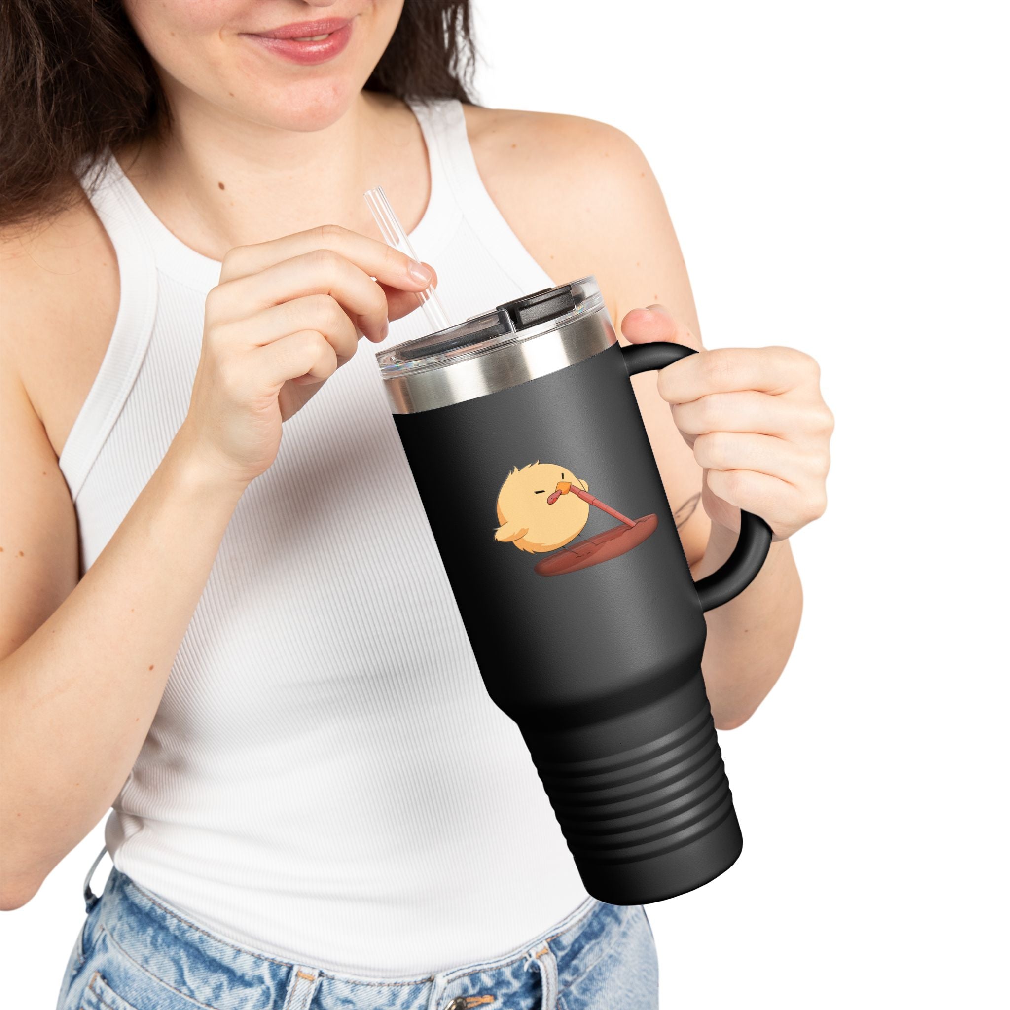 Black Cute Chick Pulling Worm 40oz Stainless Steel Insulated Travel Mug