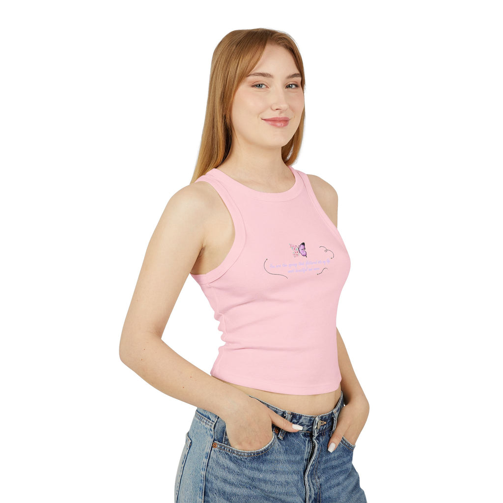 Women's Navy Blue Floral Butterfly Spring Quote Cotton Blend Racer Tank Top