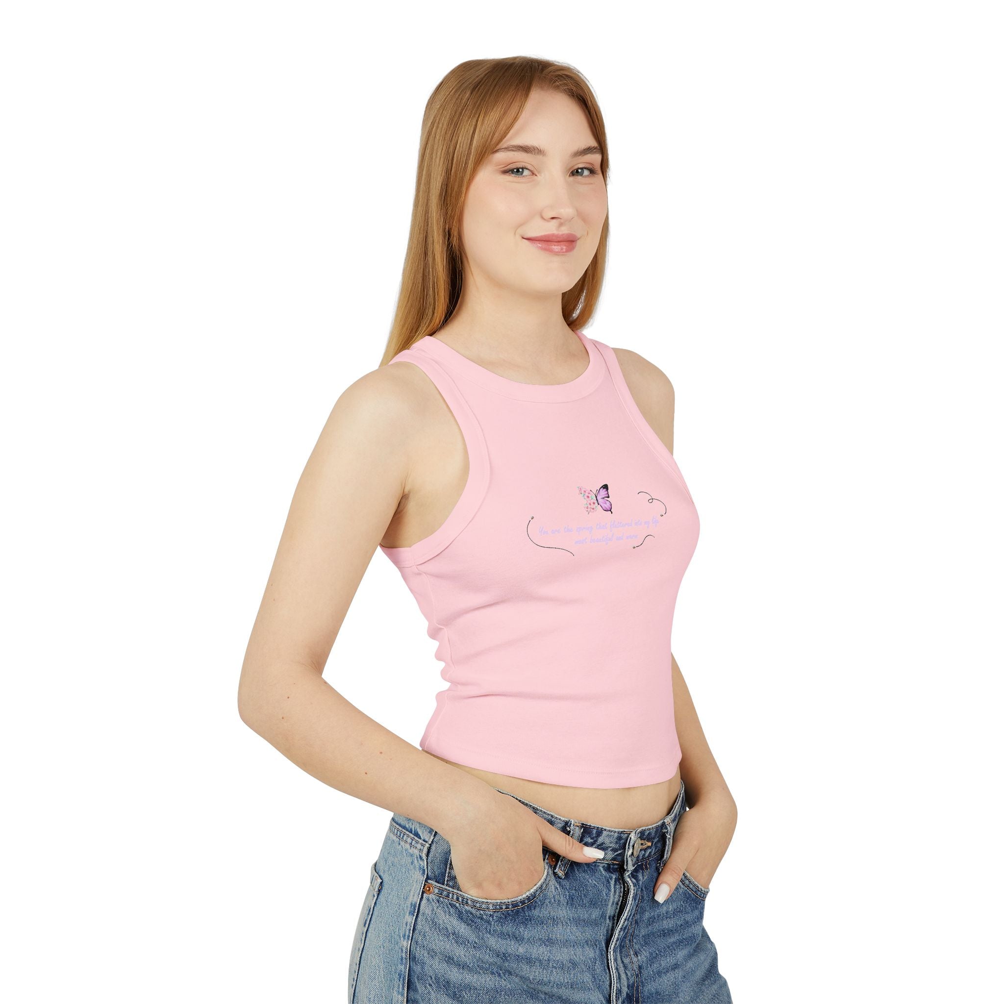 Women's Navy Blue Floral Butterfly Spring Quote Cotton Blend Racer Tank Top