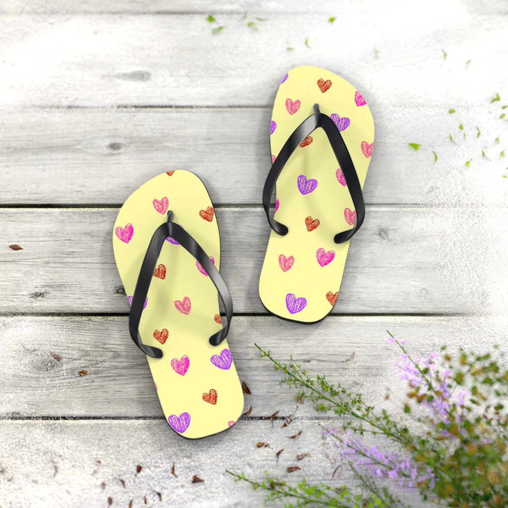 Unisex Light Yellow Colorful Hand Drawn Heart Pattern EVA Polyester Flip Flops